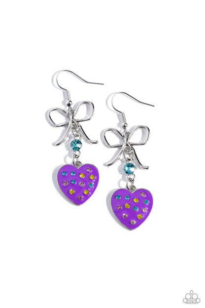 BOW Away Zone Purple Heart Earring Paparazzi Accessories  Featuring airy loops, a dainty silver bow gives way to a purple-painted heart frame adorned in dainty yellow, blue, and pink rhinestones for a flirtatious fashion. A bigger blue rhinestone separates the silver bow and purple heart for an additional pop of feminine color. Earring attaches to a standard fishhook fitting.  Sold as one pair of earrings.  P5WH-PRXX-274XX