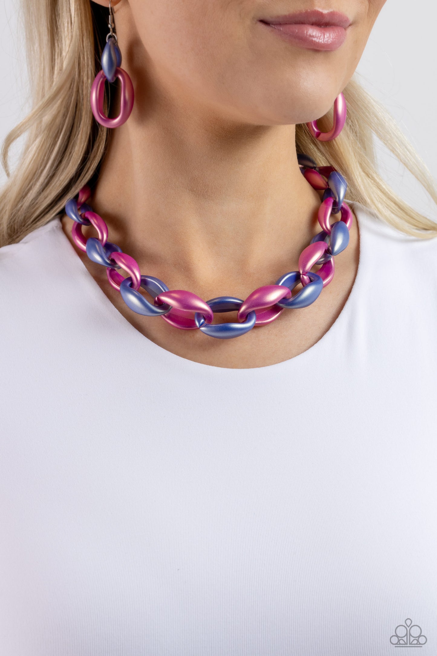 Statement Season Multi Acrylic Necklace - Paparazzi Accessories  Persian Jewel and Rose Violet concaved hoops gradually increase in size as they elongate towards the middle of the neckline for a colorful combination. Features an adjustable clasp closure.  Sold as one individual necklace. Includes one pair of matching earrings.  P2ST-MTXX-126XX