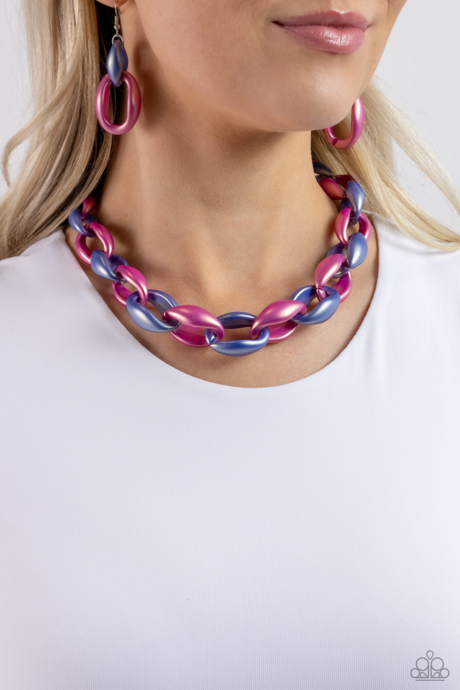 Statement Season Multi Acrylic Necklace - Paparazzi Accessories  Persian Jewel and Rose Violet concaved hoops gradually increase in size as they elongate towards the middle of the neckline for a colorful combination. Features an adjustable clasp closure.  Sold as one individual necklace. Includes one pair of matching earrings.  P2ST-MTXX-126XX