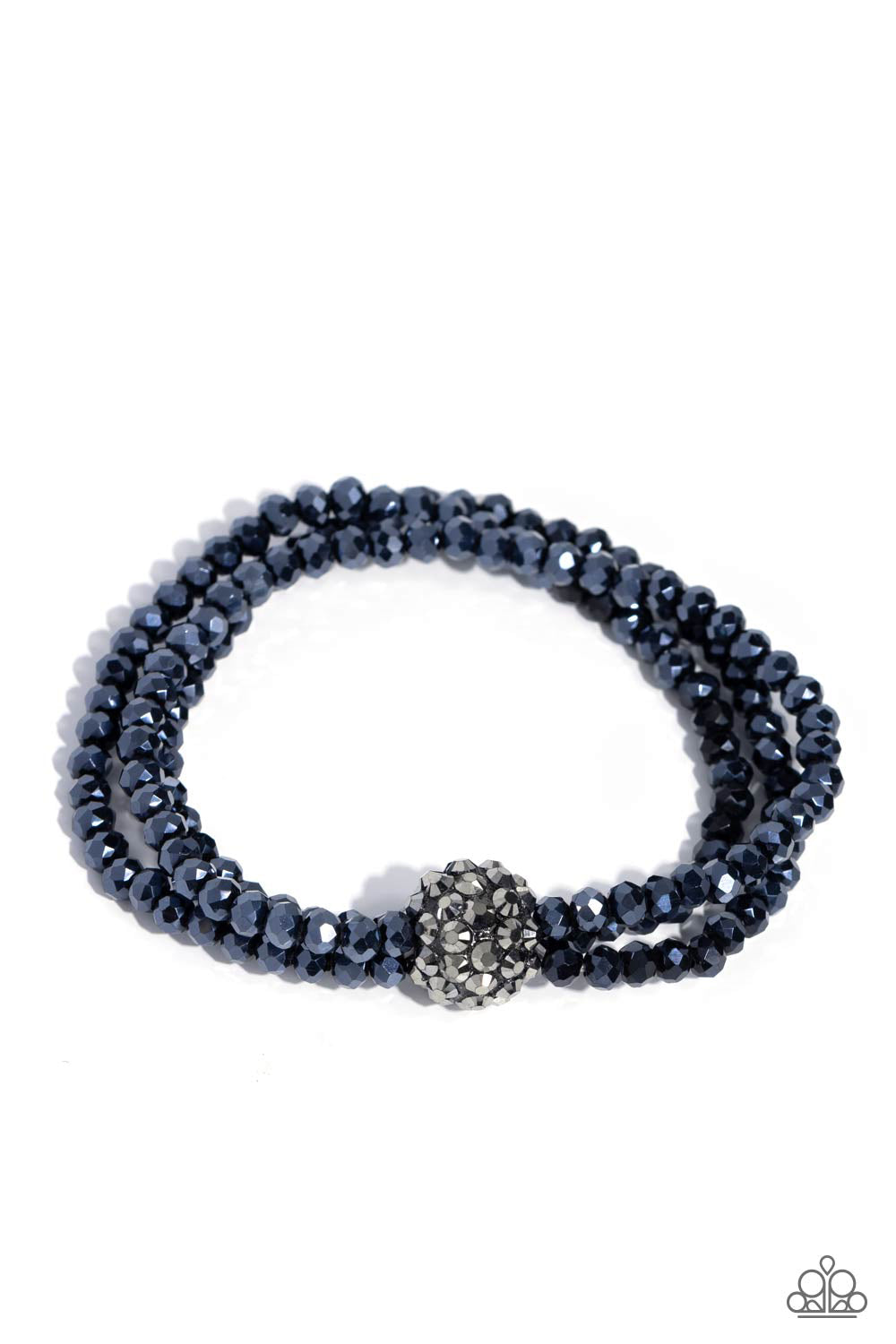 Twisted Theme Blue Stretch Bracelet - Paparazzi Accessories  Featuring faceted finishes, blue beads are threaded along three stretchy bands around the wrist. Encrusted in gunmetal spiky-like details, an oversized ball twists at the center of the wrist for a fierce industrial statement.  Sold as one individual bracelet.  P9RE-BLXX-247XX