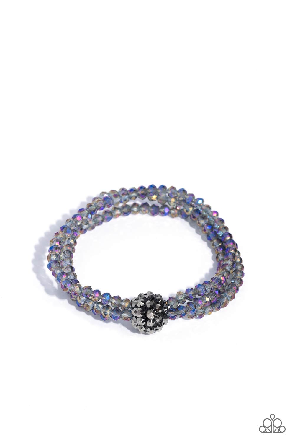 Twisted Theme Multi Stretch Bracelet - Paparazzi Accessories  Featuring faceted finishes, oil spill beads are threaded along three stretchy bands around the wrist. Encrusted in gunmetal spiky-like details, an oversized ball twists at the center of the wrist for a fierce industrial statement.  Sold as one individual bracelet.  P9RE-MTXX-146XX