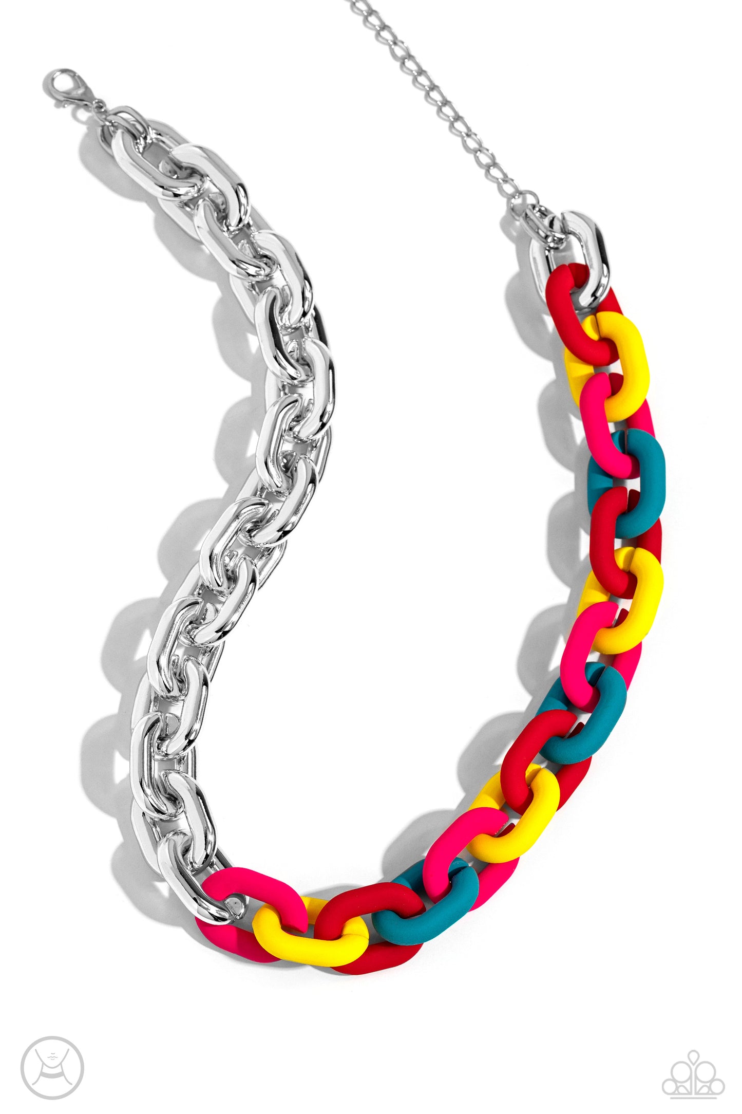Contrasting Couture Red Necklace - Paparazzi Accessories  A strand of oversized silver curb chain collides with red, High Visibility, turquoise, and Pink Peacock acrylic curb links to create an abstract blend of grit and color. The oversized links of the colored curb chain offset the high sheen of the silver that lays on the opposite side, perfectly balancing the contrasting design. Features an adjustable clasp closure.  Sold as one individual choker necklace. Includes one pair of matching earrings.