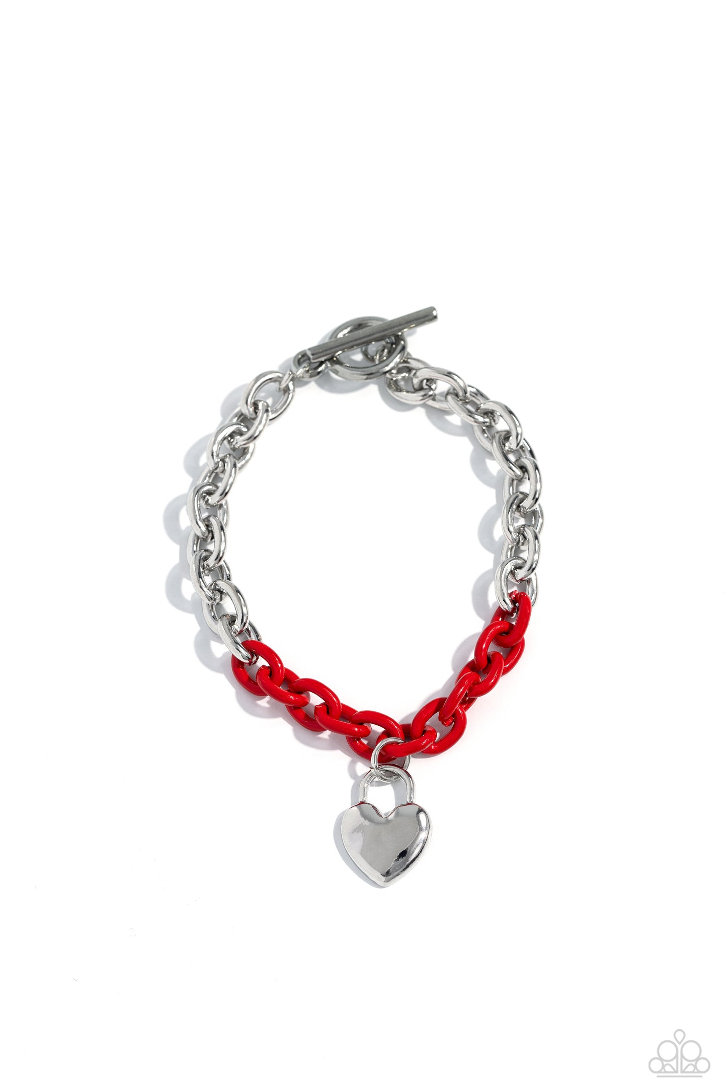 Locked and Loved Red Heart Toggle Bracelet - Paparazzi Accessories  Infused with splashes of red chain, a high-sheen silver chain dances around the wrist for a spunky industrial statement. A dainty hammered silver lock pendant graces the bottom of the bracelet, further infusing the design with a touch of romanticism. Features a toggle clasp closure.  Sold as one individual bracelet.  P9WH-RDXX-191PO