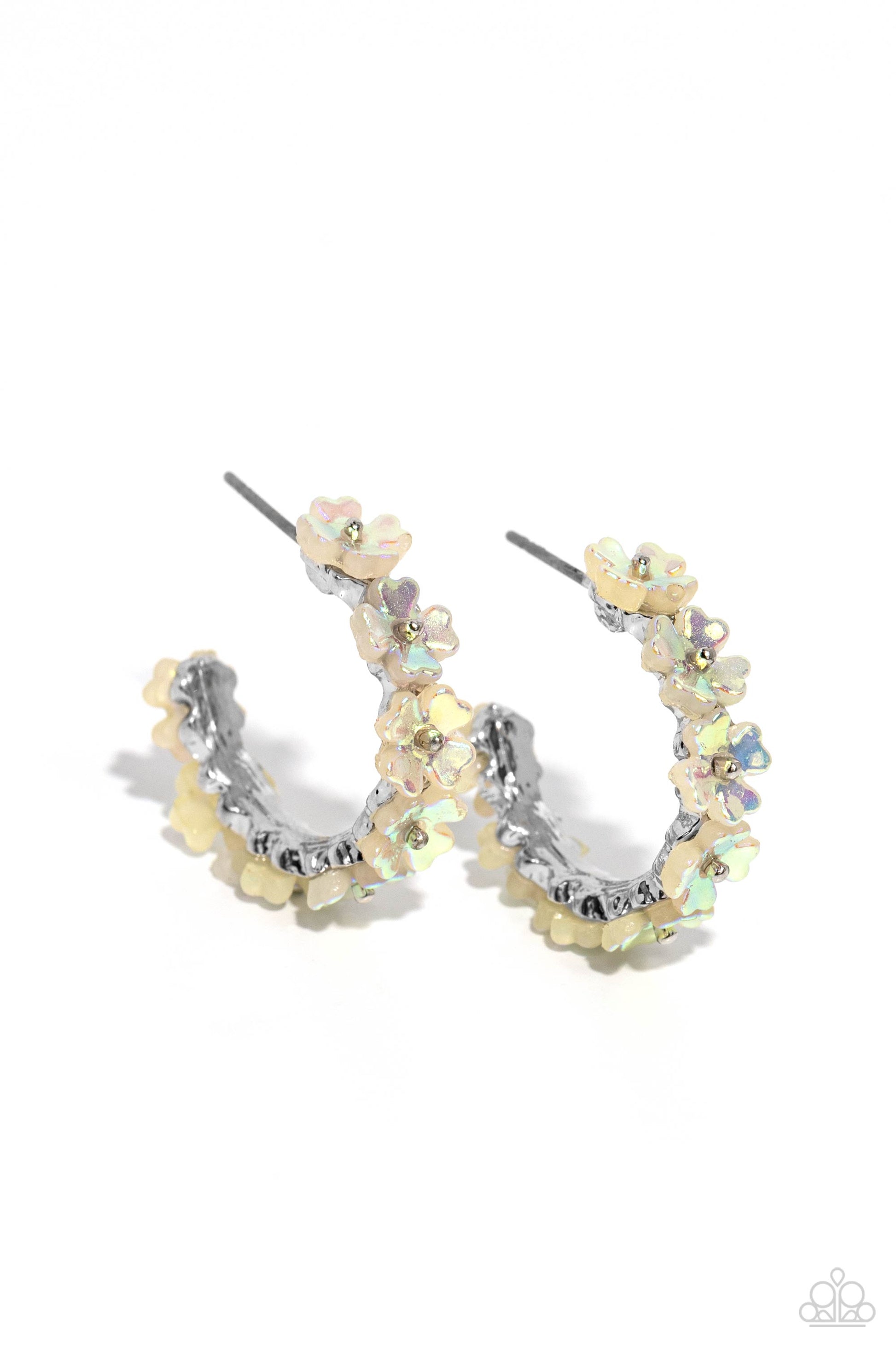 Floral Focus White Hoop Earring - Paparazzi Accessories  Tiny white iridescent flowers connect to one another as they wrap around the ear to create a charming, dainty hoop. Earring attaches to a standard post fitting. Hoop measures approximately 3/4" in diameter. Due to its prismatic palette, color may vary.  Sold as one pair of hoop earrings.  P5HO-WTXX-149XX
