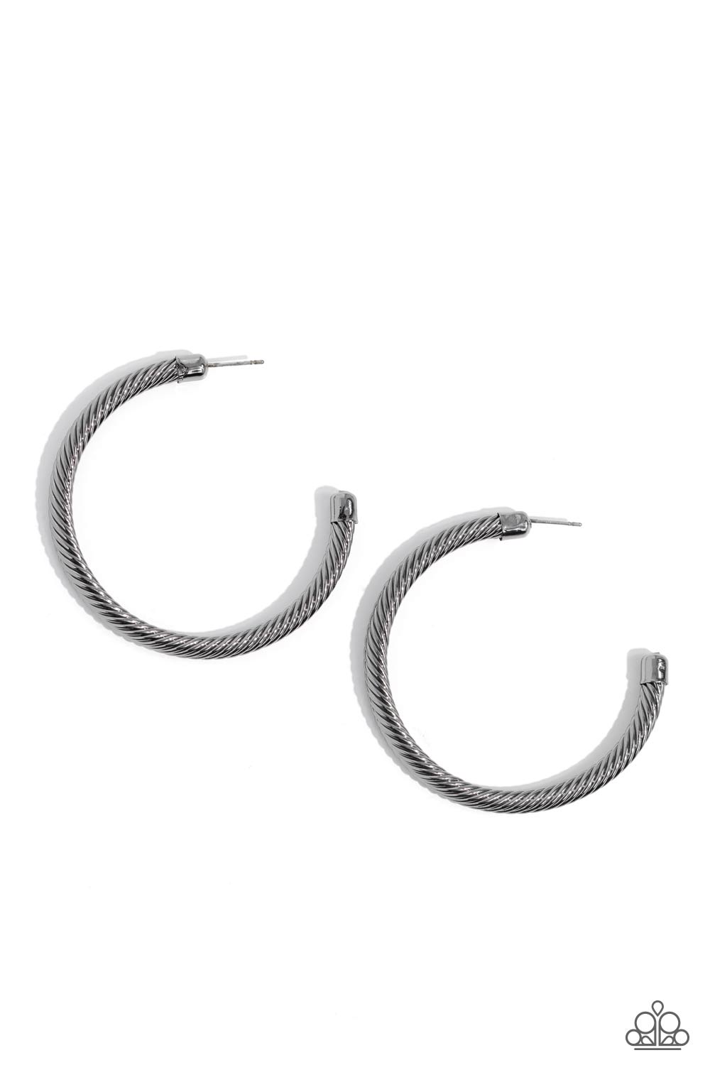 Roped in Radiance Black Hoop Earring - Paparazzi Accessories  Shimmering gunmetal spins into an oversized twisted rope as it curves into a classic thick hoop design. Earring attaches to a standard post fitting. Hoop measures approximately 2" in diameter.  Sold as one pair of hoop earrings.  Sku:  P5HO-BKXX-270XX