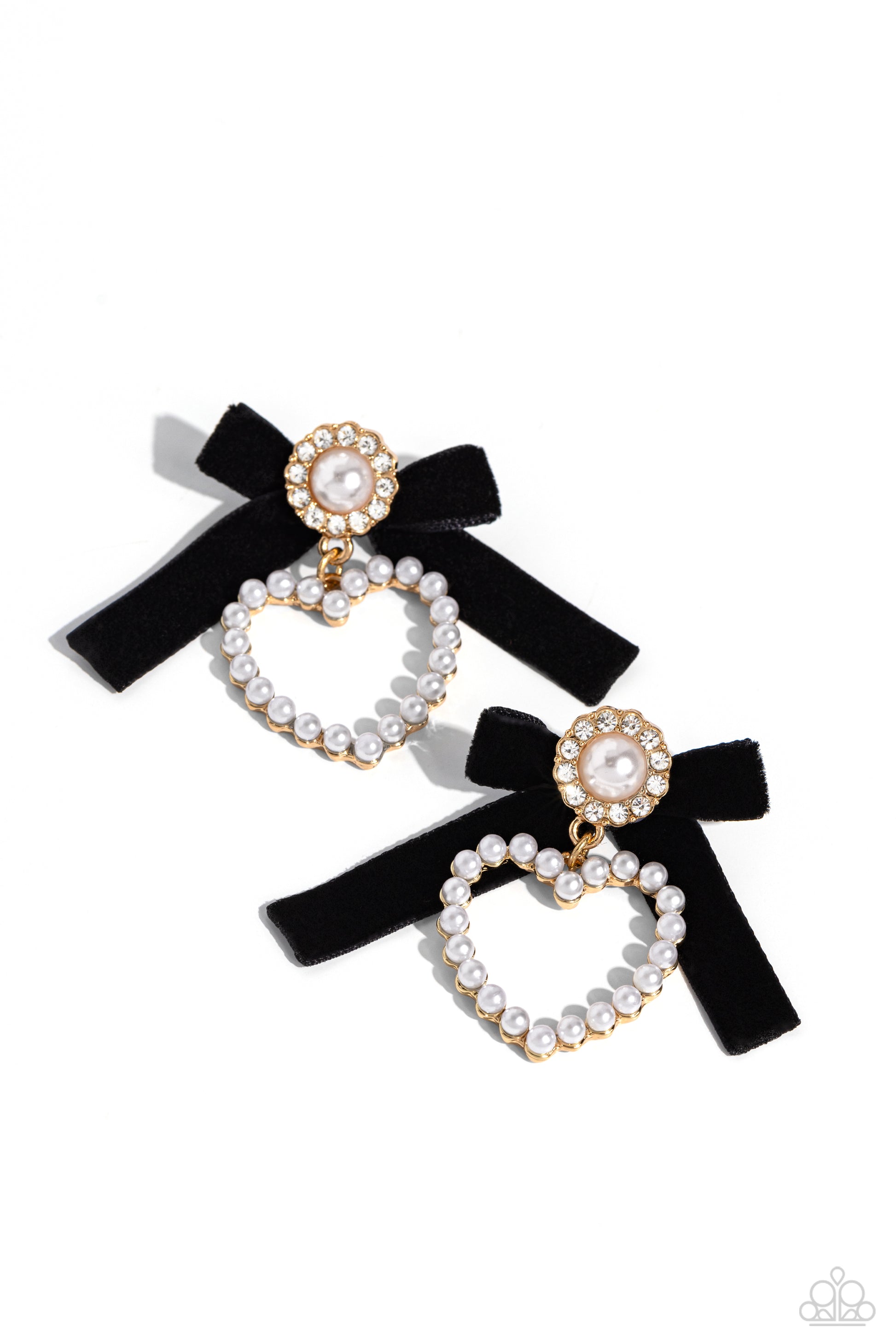 BOW and Then Gold Post Earring - Paparazzi Accessories  A solitaire white pearl, pressed in a white rhinestone-encrusted gold hoop, gleams atop a pearl-dotted heart frame resulting in a dazzling statement piece. A black velvet ribbon fans out from the pearly centerpiece further infusing the design with elegance. Earring attaches to a standard post fitting.  Sold as one pair of post earrings.  Sku:  P5PO-GDXX-248XX