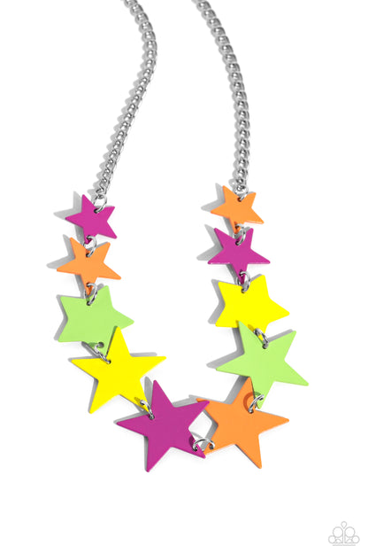 Starstruck Season Multi Star Necklace - Paparazzi Accessories  Featuring various sizes, a collection of Kohlrabi, High Visibility, orange, and Rose Violet stars cascade around the neckline, on a classic silver chain creating an intense, starstruck statement. Features an adjustable clasp closure.  Featured inside The Preview at Made for More! Sold as one individual necklace. Includes one pair of matching earrings.  P2ST-MTXX-132XX