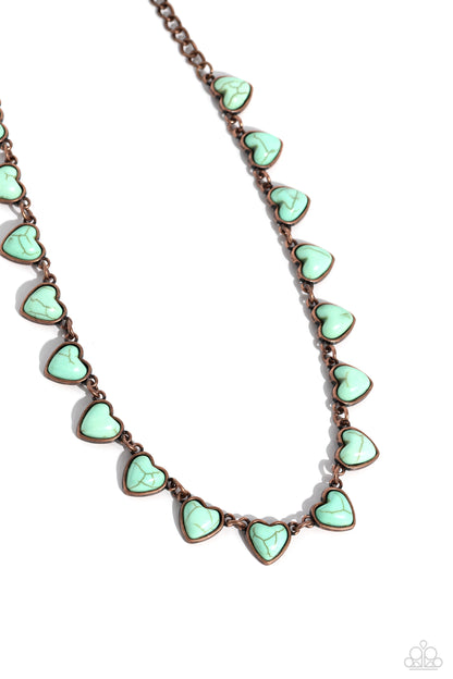 Sentimental Stones Copper Necklace - Paparazzi Accessories  Pressed in copper fittings, light blue stone hearts delicately link below the collar, creating an earthy vintage-inspired display. Features an adjustable clasp closure. As the stone elements in this piece are natural, some color variation is normal.  Sold as one individual necklace. Includes one pair of matching earrings.  P2ST-CPXX-125XX