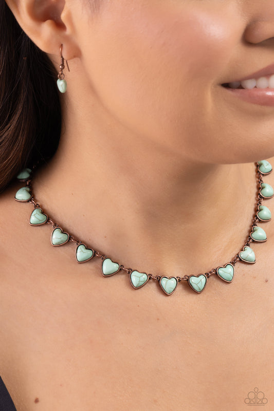 Sentimental Stones Copper Necklace - Paparazzi Accessories  Pressed in copper fittings, light blue stone hearts delicately link below the collar, creating an earthy vintage-inspired display. Features an adjustable clasp closure. As the stone elements in this piece are natural, some color variation is normal.  Sold as one individual necklace. Includes one pair of matching earrings.  P2ST-CPXX-125XX