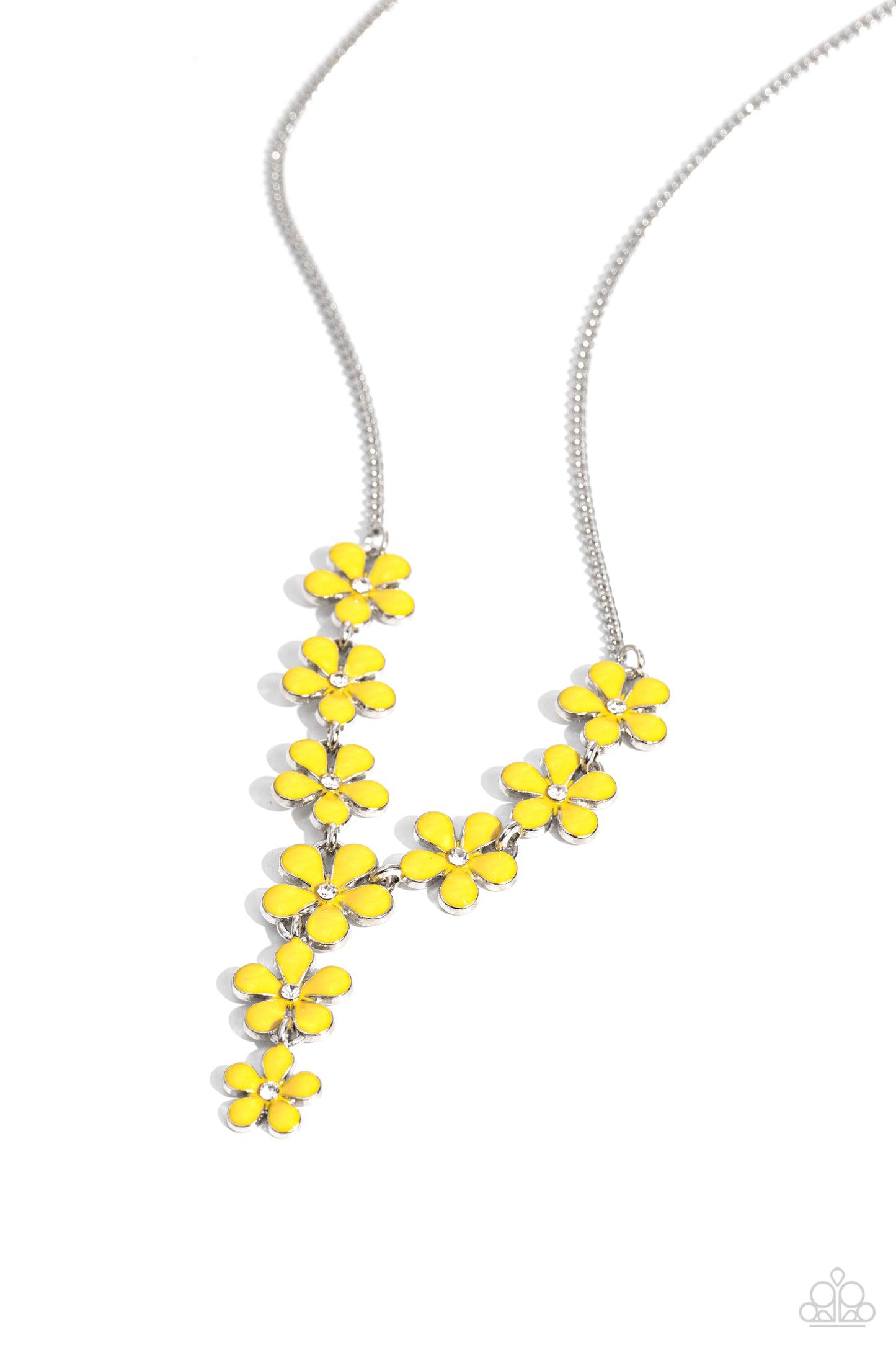 Flowering Feature Yellow Necklace - Paparazzi Accessories  Dotted with white rhinestone centers, whimsical Primrose paint flowers delicately link into an extended pendant below the collar for an ethereal fashion. Features an adjustable clasp closure.  Sold as one individual necklace. Includes one pair of matching earrings.  P2WH-YWXX-298XX