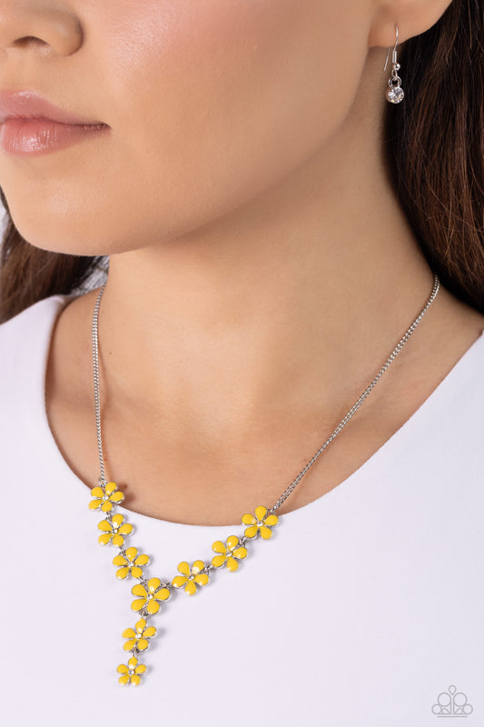 Flowering Feature Yellow Necklace - Paparazzi Accessories  Dotted with white rhinestone centers, whimsical Primrose paint flowers delicately link into an extended pendant below the collar for an ethereal fashion. Features an adjustable clasp closure.  Sold as one individual necklace. Includes one pair of matching earrings.  P2WH-YWXX-298XX