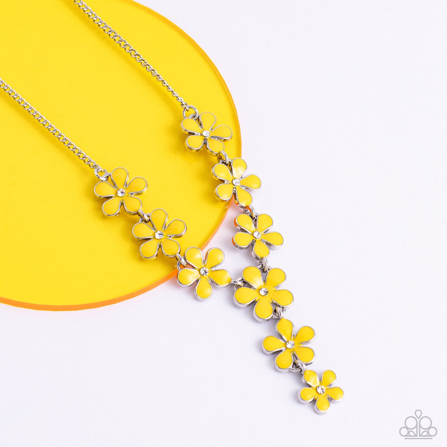 Flowering Feature Yellow Necklace - Paparazzi Accessories  Dotted with white rhinestone centers, whimsical Primrose paint flowers delicately link into an extended pendant below the collar for an ethereal fashion. Features an adjustable clasp closure.  Sold as one individual necklace. Includes one pair of matching earrings.  P2WH-YWXX-298XX