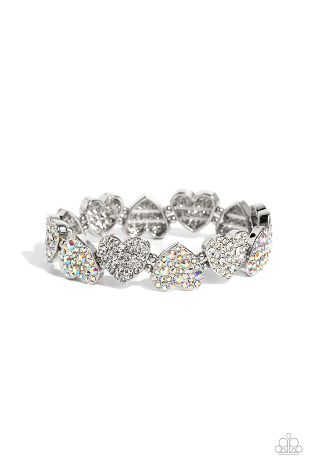 Headliner Heart White Rhinestone Stretch Bracelet - Paparazzi Accessories  Dotted with various sizes of dainty white and iridescent rhinestones, sleek silver hearts alternating in direction link together around the wrist along a stretchy band for a flirtatious finish. Due to its prismatic palette, color may vary.  Sold as one individual bracelet.  SKU: P9RE-WTXX-581XX