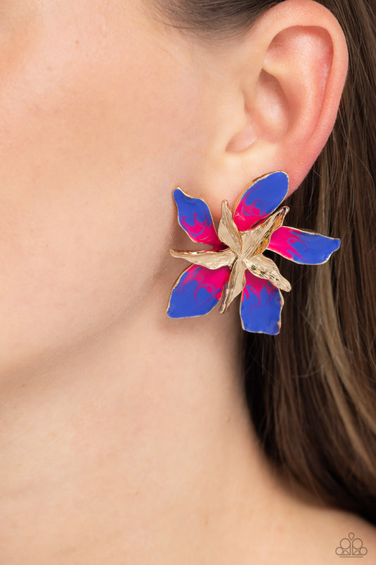 Warped Wallflower Multi Flower Post Earring - Paparazzi Accessories  Featuring a warped, metallic texture, a gold flower blooms atop the ear, while a larger gold warped flower featuring Persian Jewel and Pink Peacock accents adds a vibrant pop of color to the whimsical centerpiece. Earring attaches to a standard post fitting.  Sold as one pair of post earrings.  P5PO-MTXX-109XX
