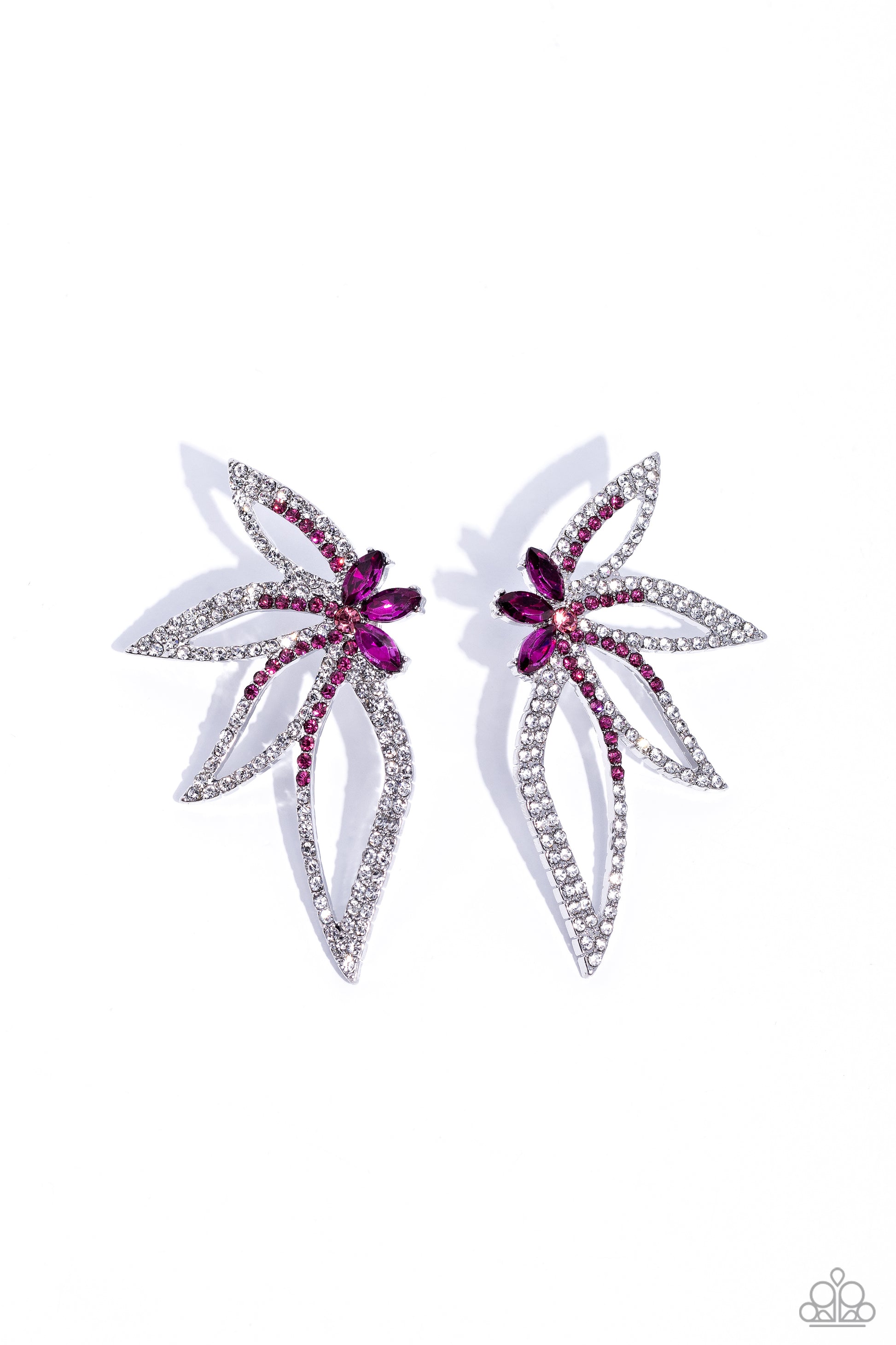 Twinkling Tulip Pink Post Earring - Paparazzi Accessories  Infused with fuchsia rhinestones, white rhinestone-encrusted airy silver petals flare out in a radiantly extravagant floral centerpiece. Marquise-cut fuchsia gems cluster around a rose rhinestone for an additional pop of color. Earring attaches to a standard post fitting.  Sold as one pair of post earrings.  SKU: P5PO-PKXX-104XX