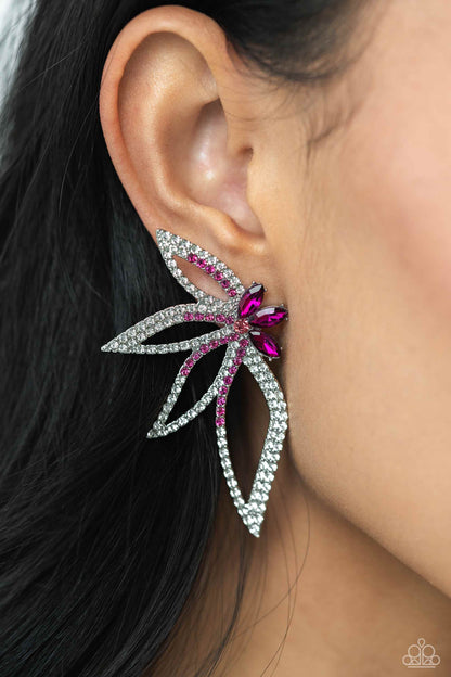 Twinkling Tulip Pink Post Earring - Paparazzi Accessories  Infused with fuchsia rhinestones, white rhinestone-encrusted airy silver petals flare out in a radiantly extravagant floral centerpiece. Marquise-cut fuchsia gems cluster around a rose rhinestone for an additional pop of color. Earring attaches to a standard post fitting.  Sold as one pair of post earrings.  SKU: P5PO-PKXX-104XX