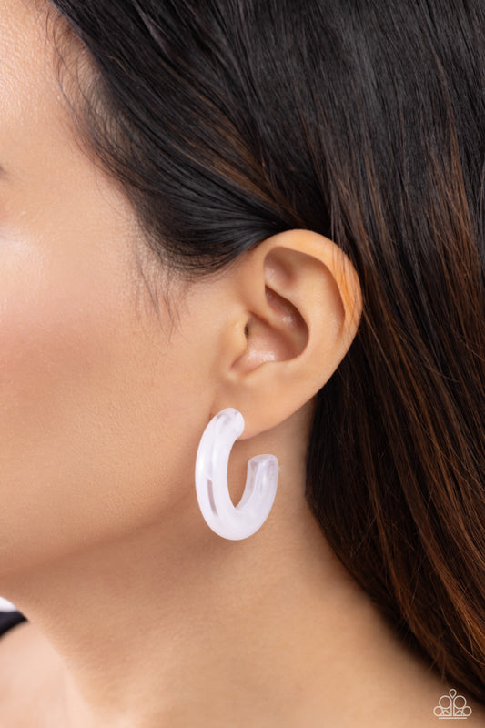 Glassy GAZE White Hoop Earring - Paparazzi Accessories  Thick, milky white acrylic frames snugly loop and curl just below the ear for a fashionable finish. Earring attaches to a standard post fitting. Hoop measures approximately 1 1/2" in diameter.  Featured inside The Preview at Made for More! Sold as one pair of hoop earrings.  P5HO-WTXX-156XX