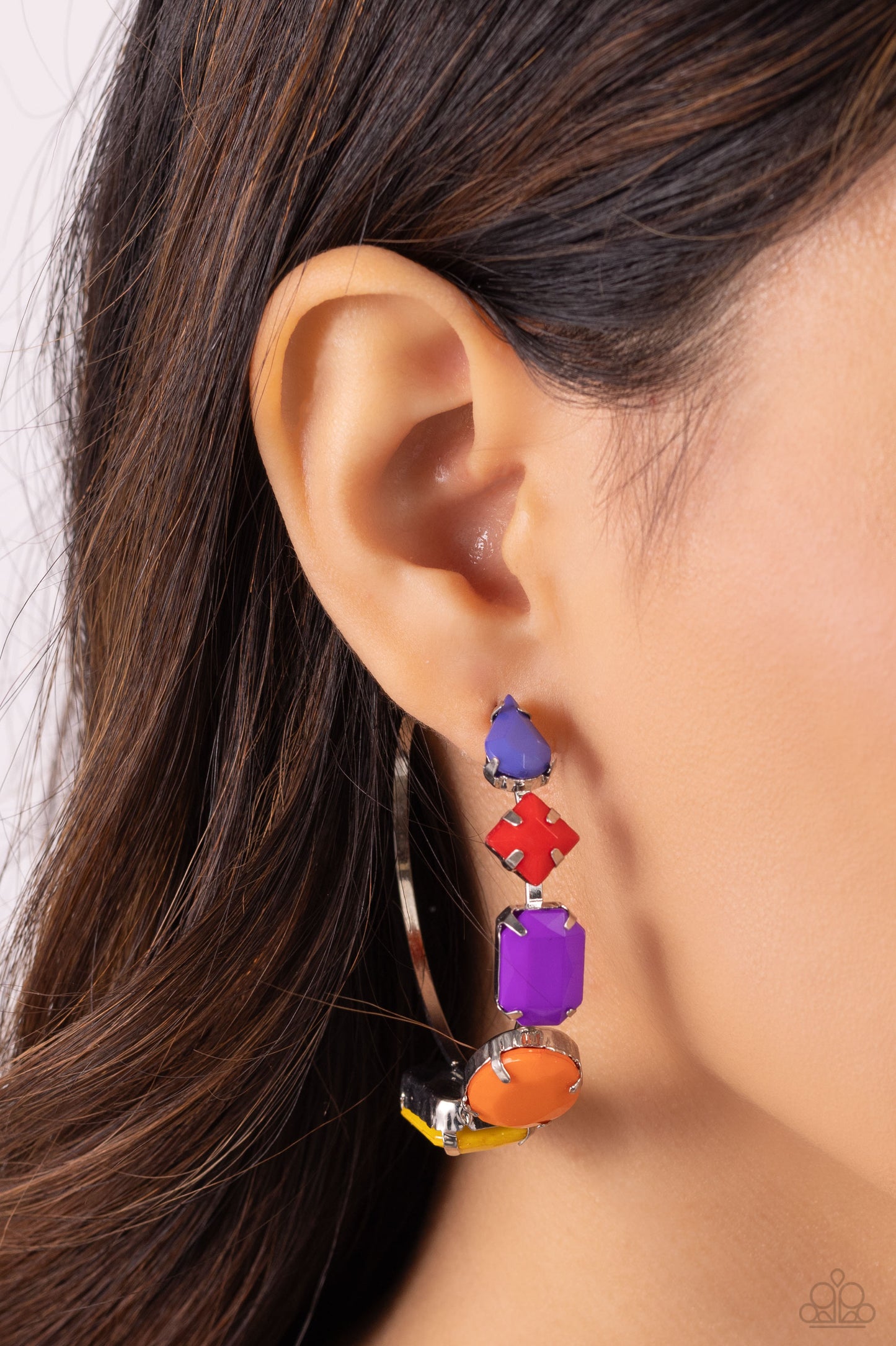 Geometric Gamer Multi Hoop Earring - Paparazzi Accessories  A charming collection of geometrically pronged red, purple, orange, Persian Jewel, and High Visibility shapes gradually increases in size as they adorn the front of a classic silver hoop resulting in a youthful fashion. Earring attaches to a standard post fitting. Hoop measures approximately 2" in diameter.  Sold as one pair of hoop earrings.  P5HO-MTXX-094XX