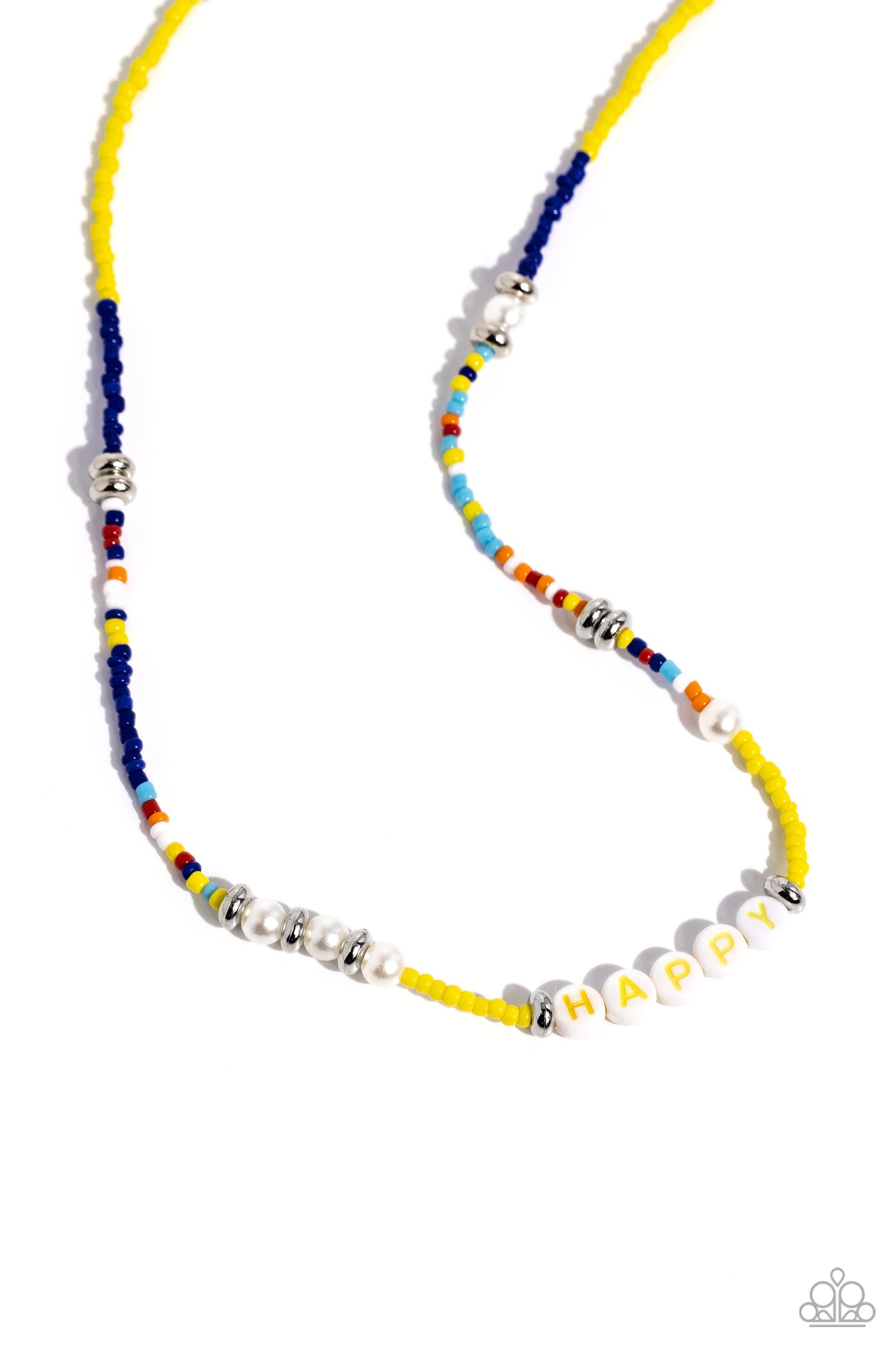 Happy to See You Yellow Necklace - Paparazzi Accessories  Infused along an invisible string, white pearls, multicolored seed beads, silver accents, and white beads spelling out the word "HAPPY" in yellow lettering wrap around the neckline for an optimistic, youthful display. Features an adjustable clasp closure.  Sold as one individual necklace. Includes one pair of matching earrings.  P2WD-YWXX-085XX