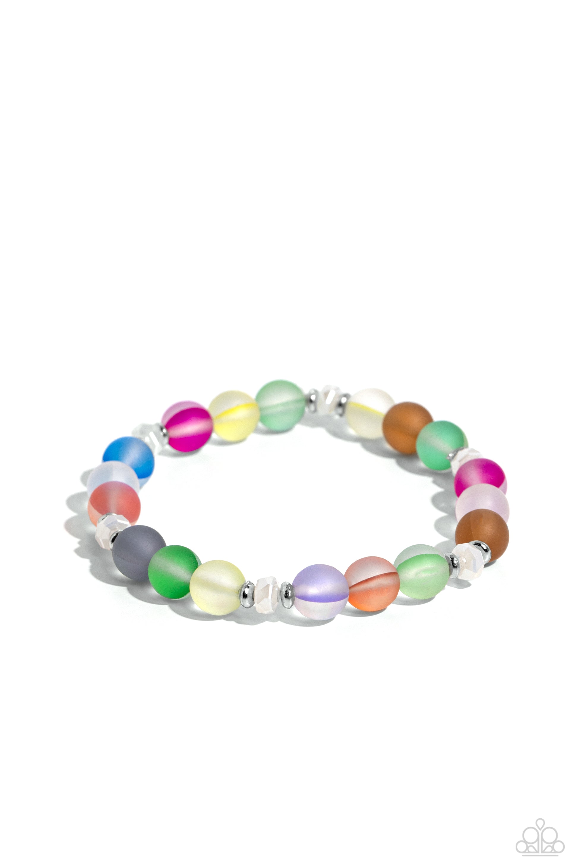 Mermaid Mirage Multi Stretch Bracelet - Paparazzi Accessories  Infused with silver accents and faceted white beads, a dreamy collection of frosted glassy multicolored beads is threaded along a stretchy band around the wrist for an enchanting glow.  Sold as one individual bracelet.  P9SE-URMT-274XX