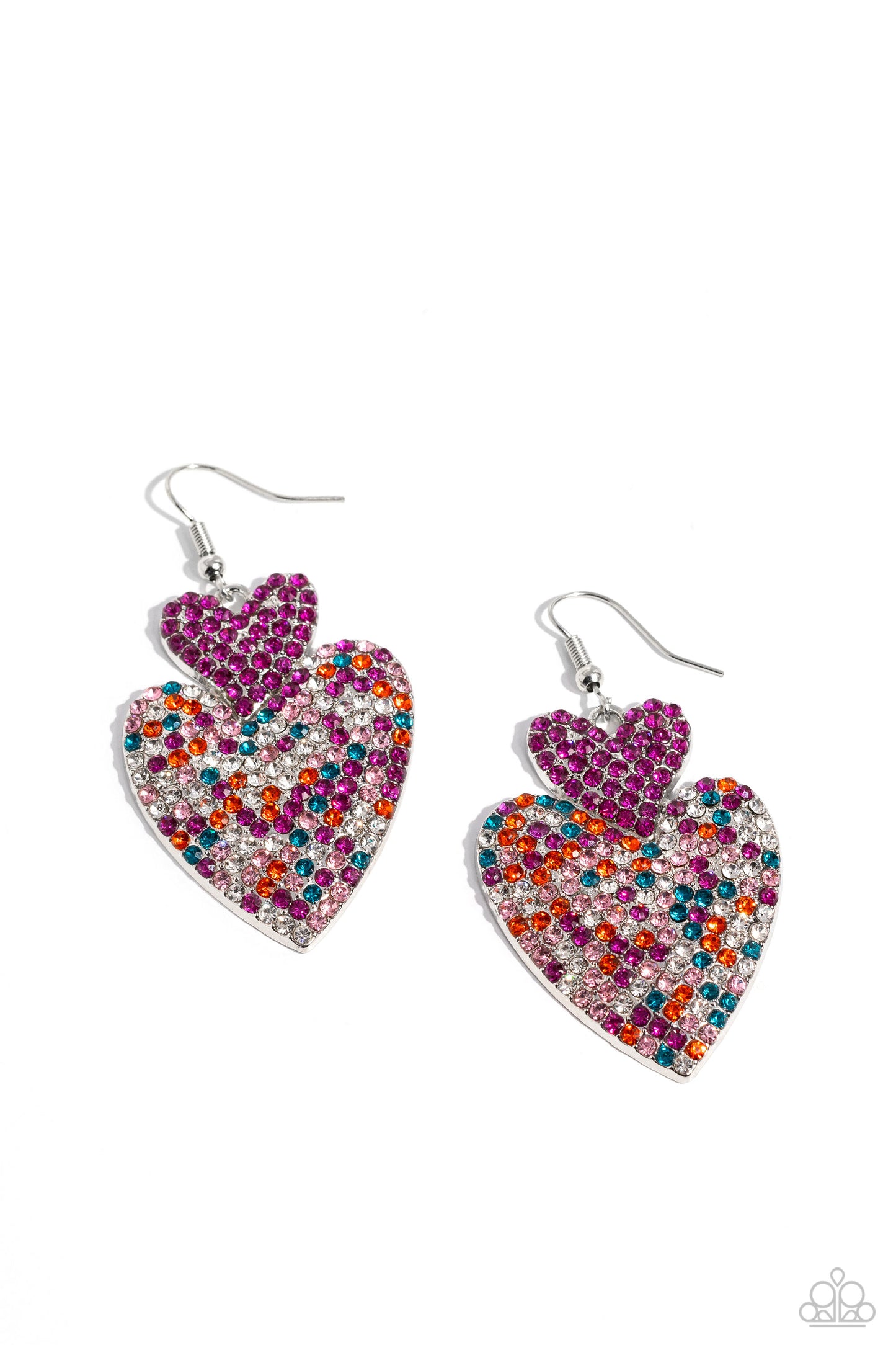 Flirting Flourish Pink Earring - Paparazzi Accessories  Embossed in dainty rhinestones, a fuchsia rhinestone-covered silver heart frame delicately links with a larger silver heart frame featuring fuchsia, light pink, blue, white, and orange rhinestones for a flirtatiously vibrant look. Earring attaches to a standard fishhook fitting.  Sold as one pair of earrings.  New Kit Sku:  P5ST-PKXX-034XX