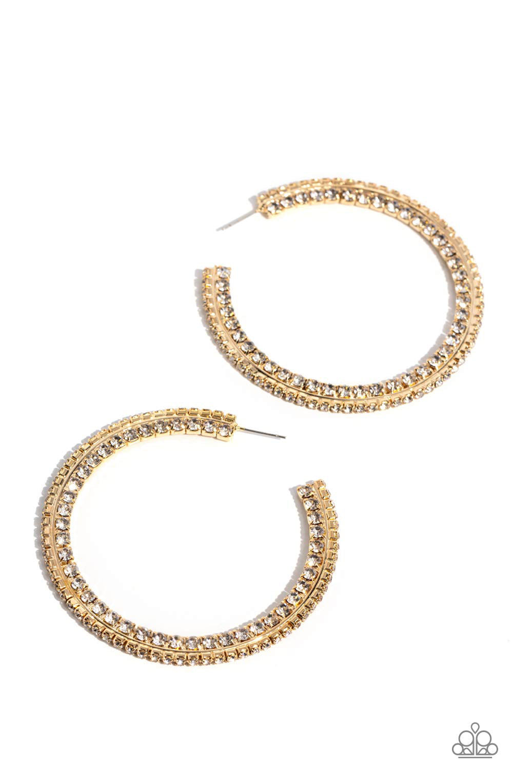 Scintillating Sass Gold Hoop Earring - Paparazzi Accessories  Glittery white rhinestones are encrusted along the front and side of a textured tread-like oversized gold hoop for a sassy finish. Earring attaches to a standard post fitting. Hoop measures 2 1/2" in diameter.  Sold as one pair of hoop earrings.  P5HO-GDXX-322XX
