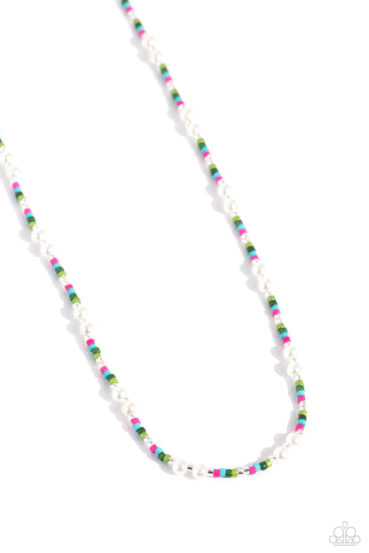Colorblock Charm Green Necklace - Paparazzi Accessories  Infused along an invisible string, a collection of Kohlrabi, Classic Green, turquoise, pink, and silvery thin seed beads combine with white pearls, resulting in a colorfully playful style around the neckline. Features an adjustable clasp closure.  Sold as one individual necklace. Includes one pair of matching earrings.  P2DA-GRXX-129RS