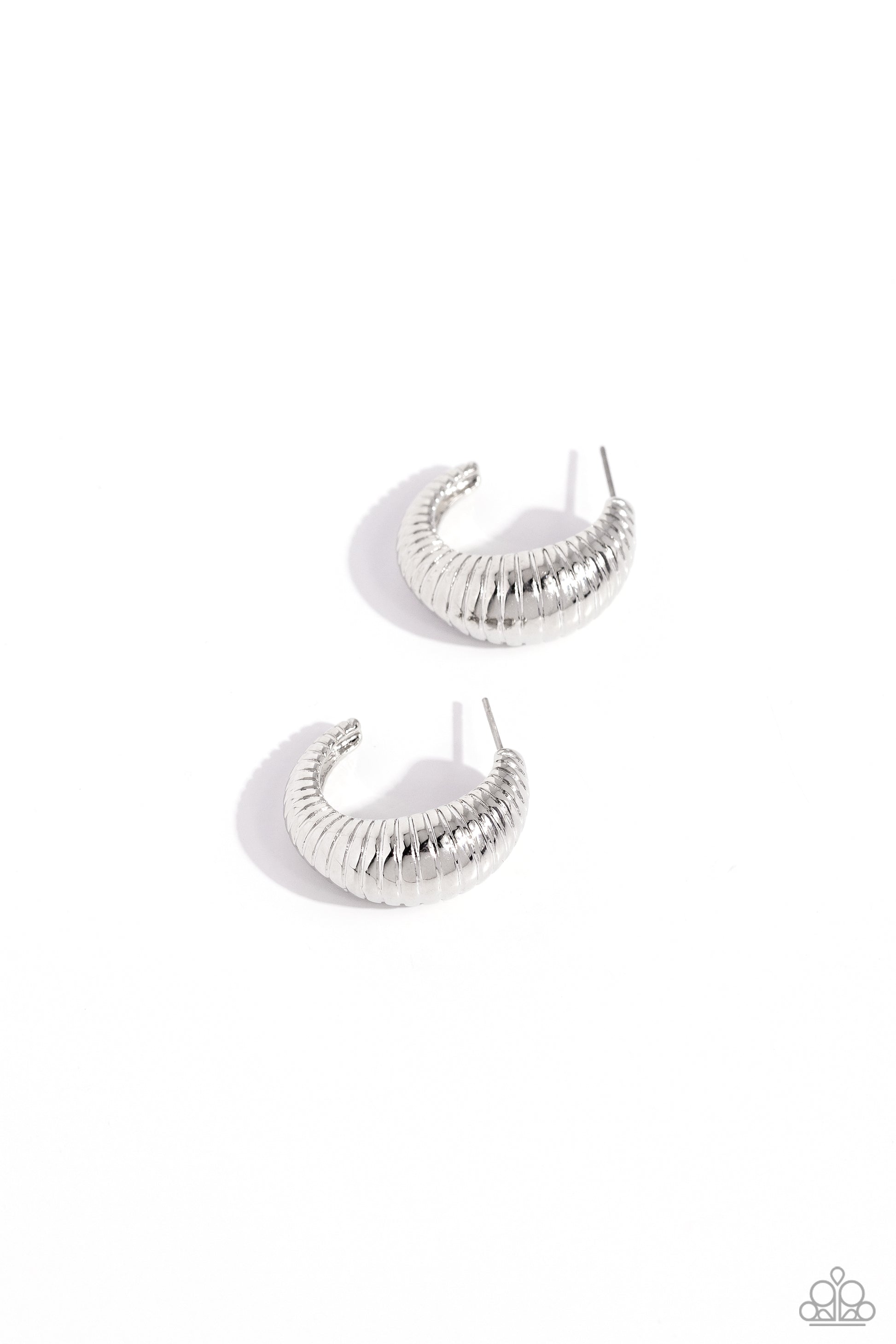 Textured Tenure Silver Hoop Earring - Paparazzi Accessories  Featuring a beveled surface, a thick textured silver frame curves into a single hoop, creating an attention-grabbing shimmer. Earring attaches to a standard post fitting. Hoop measures approximately 3/4" in diameter.  Sold as one pair of hoop earrings.  P5HO-SVXX-375XX