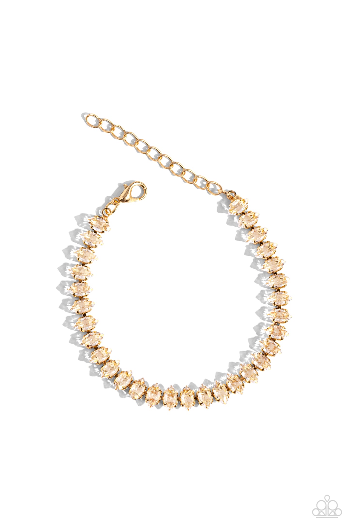 Marquise Masterpiece Gold Clasp Bracelet - Paparazzi Accessories  Featuring gold square fittings, crystal-like marquise-cut gems delicately link into a glamorous, refined centerpiece around the wrist. Features an adjustable clasp closure.  Sold as one individual bracelet.  P9RE-GDXX-408XX