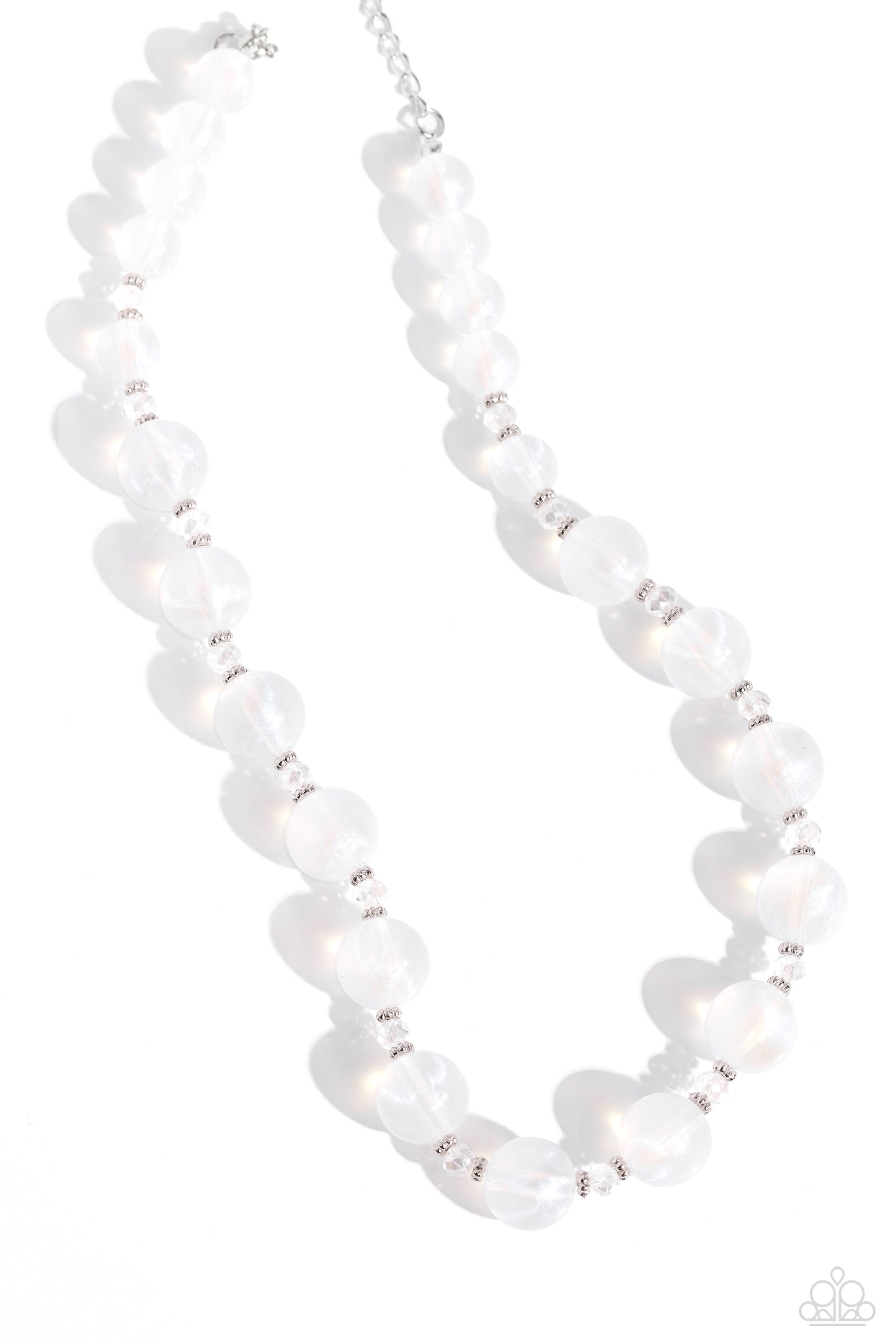 Timelessly Tantalizing White Necklace - Paparazzi Accessories  Infused with dainty silver accents and faceted clear beads, a collection of white opalescent beads, brushed in an iridescent shimmer are threaded along an invisible wire below the collar for a timeless look. Features an adjustable clasp closure. Due to its prismatic palette, color may vary.  Sold as one individual necklace. Includes one pair of matching earrings.  P2WH-WTXX-316XX
