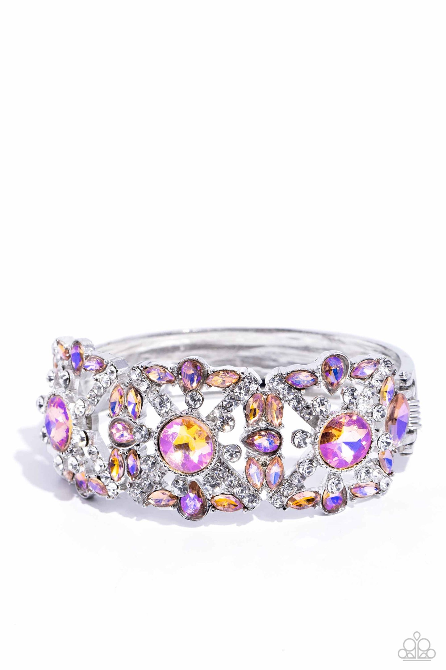 Shimmering Solo Orange Hinge Bracelet - Paparazzi Accessories  Various orange and white rhinestones in round, teardrop, and marquise cuts sparkle atop airy, silver frames, connected to a silver bangle-like bracelet around the wrist for a jaw-dropping dazzle. Features a hinged closure.  Sold as one individual bracelet.  SKU: P9RE-OGXX-067XX