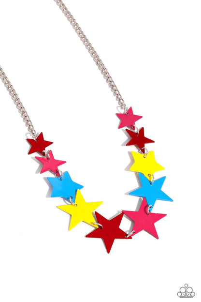 Starstruck Season Red Necklace - Paparazzi Accessories  Featuring various sizes, a collection of red, High Visibility, Poppy Red, and blue stars cascade around the neckline, on a classic silver chain creating an intense, starstruck statement. Features an adjustable clasp closure.  Sold as one individual necklace. Includes one pair of matching earrings.  P2ST-RDXX-128XX