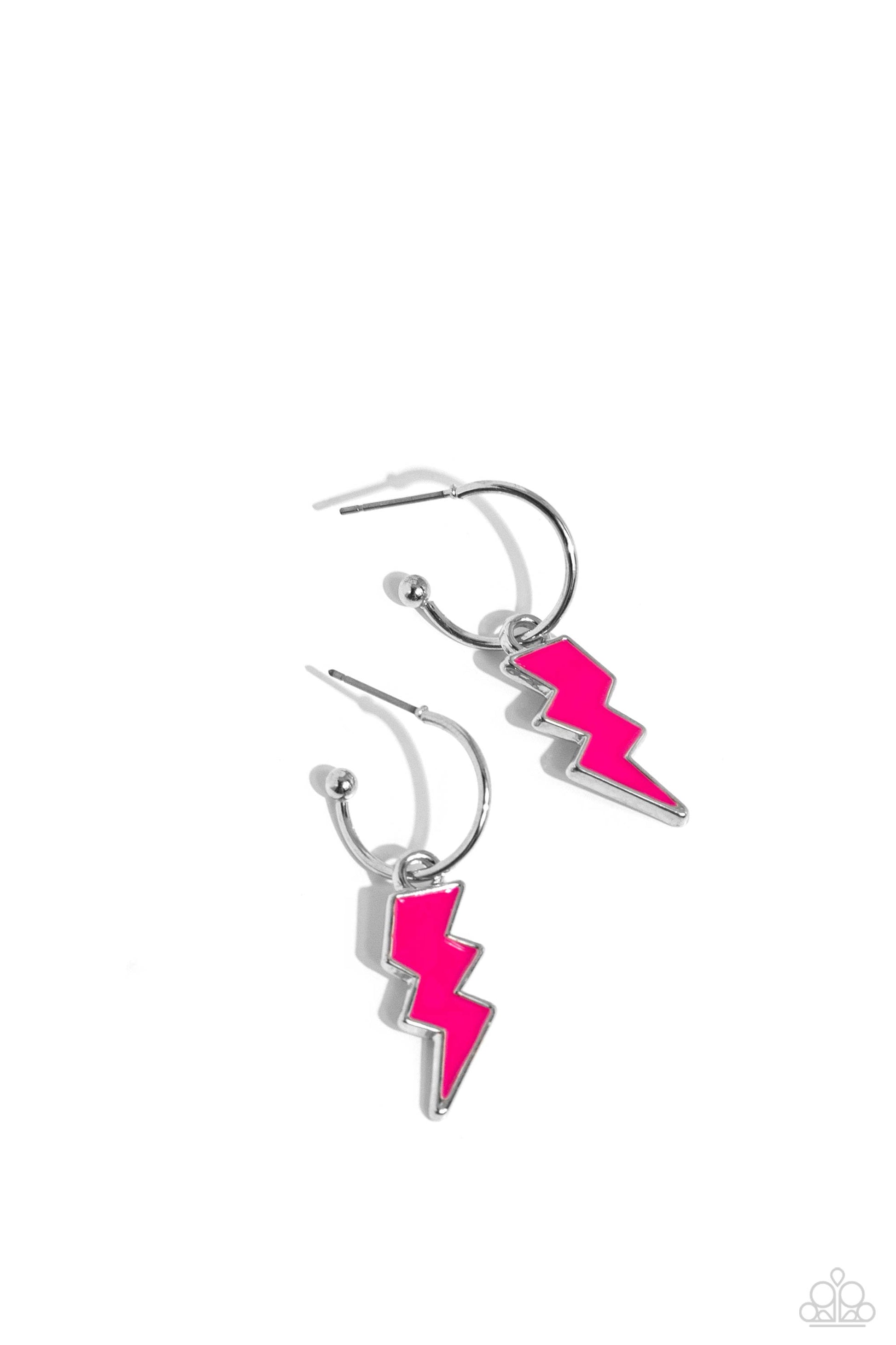 Lightning Limit Pink Hoop Earring - Paparazzi Accessories  A small, skinny, silver hoop curves around the ear, where a silver ball is affixed to create the look of a barbell. A Rose Violet lightning charm slides along the hoop, showcasing a colorfully electric statement. Earring attaches to a standard post fitting. Hoop measures approximately 1/2" in diameter.  Sold as one pair of hoop earrings.  P5HO-PKXX-068XX
