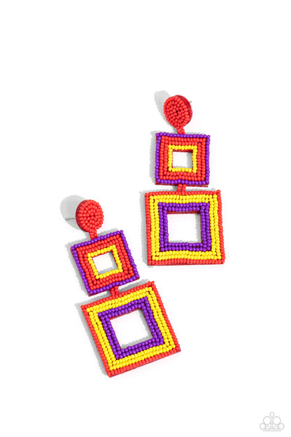 Seize the Squares Red Seed Bead Post Earring - Paparazzi Accessories  Rows of dainty red, yellow, and purple seed beads adorn the front of a layered square frame at the bottom of a matching rounded bead fitting, creating a blissfully beaded look. Earring attaches to a standard post fitting.  Sold as one pair of post earrings.  Sku:  P5PO-RDXX-044XX