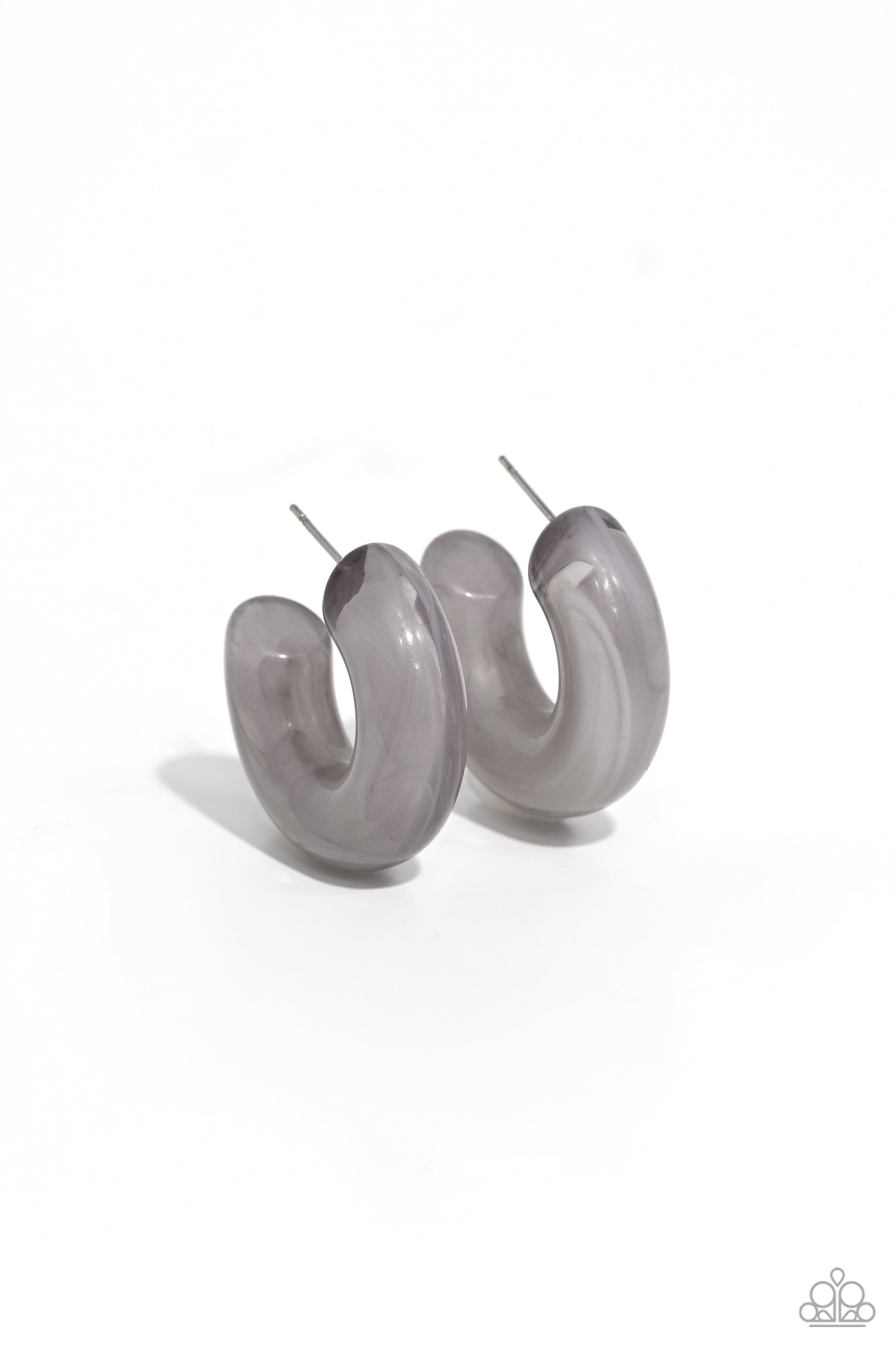 Acrylic Acclaim Silver Hoop Earring - Paparazzi Accessories  Featuring a milky accent, thick gray acrylic frames snugly loop and curl just below the ear for a fashionable finish. Earring attaches to a standard post fitting. Hoop measures approximately 1" in diameter.  Sold as one pair of hoop earrings.  Sku:  P5HO-SVXX-372XX