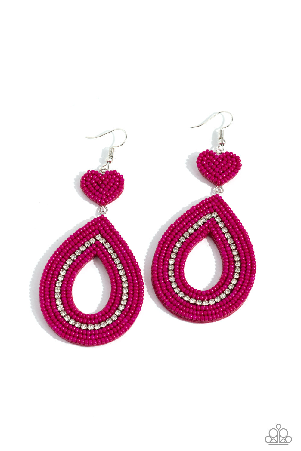 Now SEED Here Pink Heart Seed Bead Necklace - Paparazzi Accessories  Featuring white rhinestone accents, hot pink seed beads adorn the surface of a teardrop frame that swings from the bottom of a hot pink seed bead heart, creating a colorful lure. Earring attaches to a standard fishhook fitting.  Sold as one pair of earrings.  SKU: P5ST-PKXX-035XX
