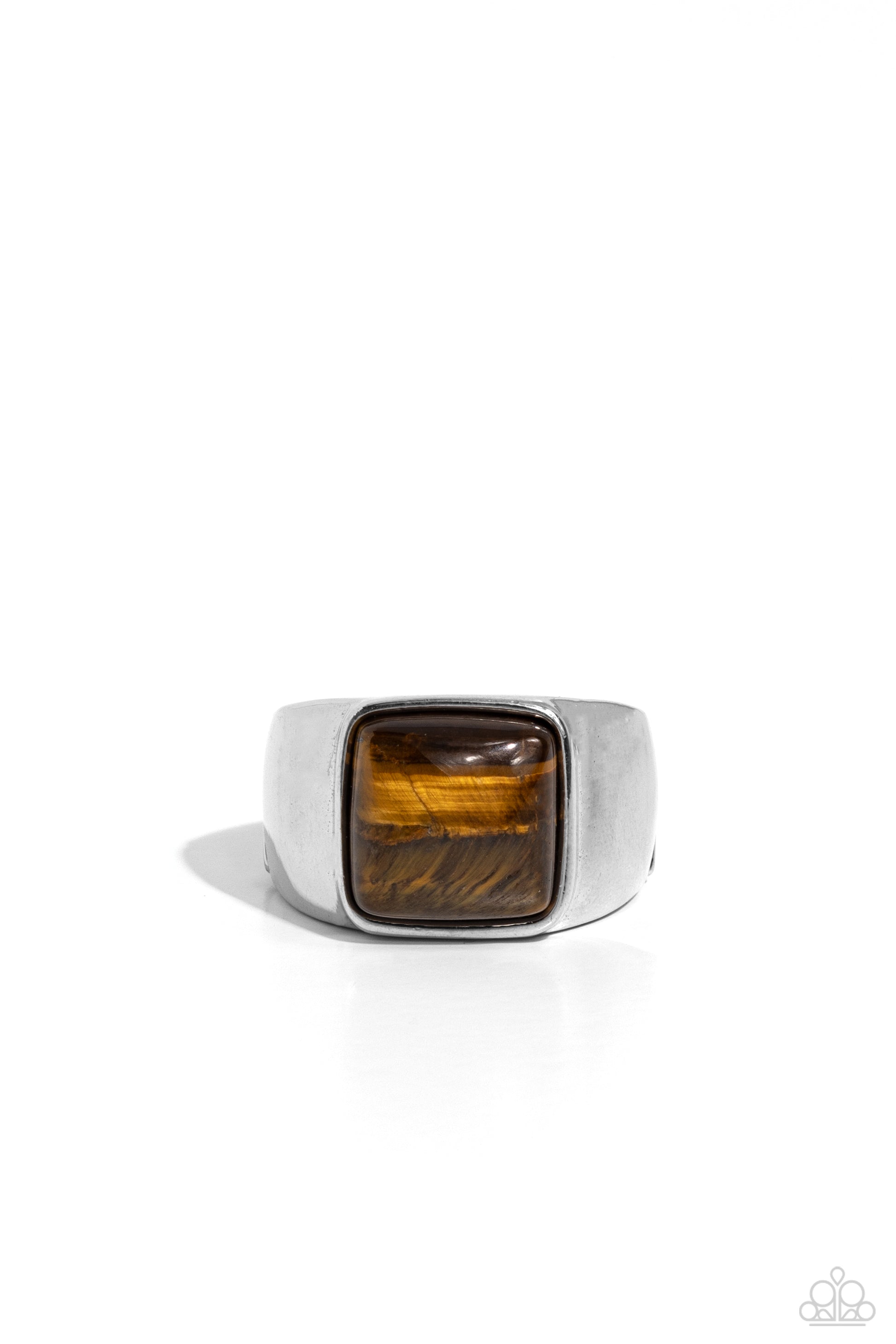 Earthy Envy Brown Unisex Ring - Paparazzi Accessories  Chiseled into a tranquil square, an earthy tiger's eye stone is pressed into the center of a bold rounded silver square frame for an urban finish. Features a stretchy band for a flexible fit. As the stone elements in this piece are natural, some color variation is normal.  Sold as one individual ring.  P4MN-URBN-005XX