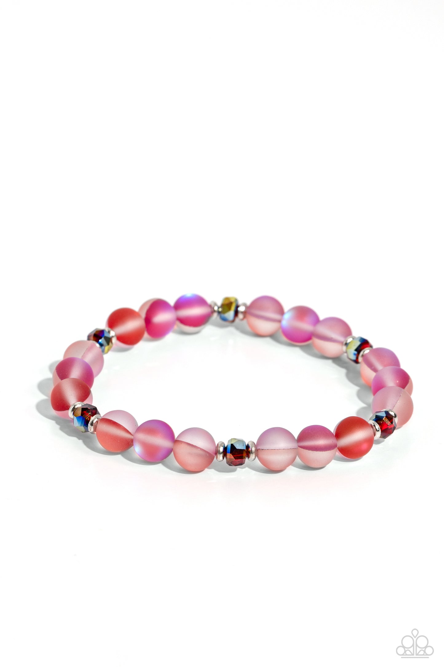 Mermaid Mirage Red Stretch Bracelet - Paparazzi Accessories  Infused with silver accents and faceted red beads, a dreamy collection of frosted glassy red beads is threaded along a stretchy band around the wrist for an enchanting glow.  Sold as one individual bracelet.  P9SE-URRD-153XX
