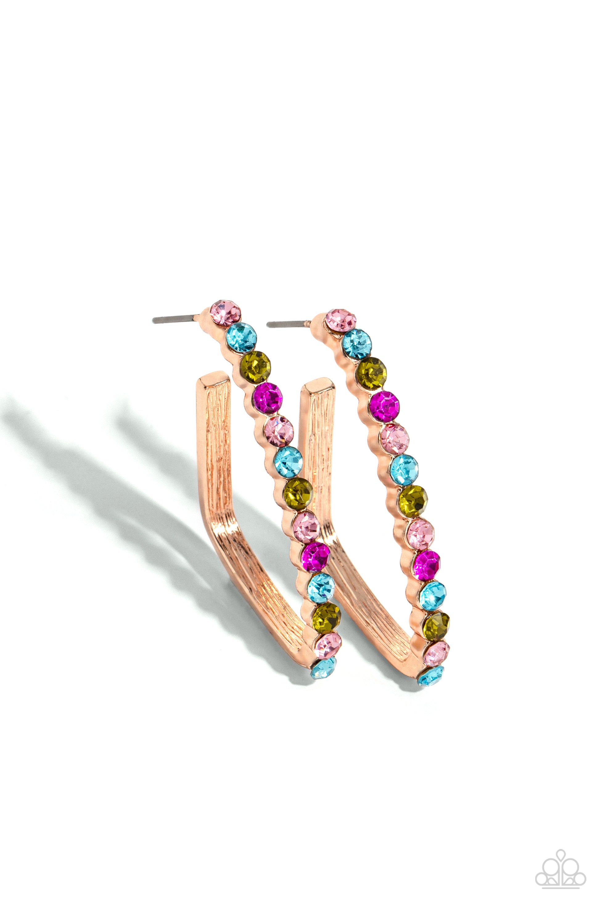 Triangular Tapestry Rose Gold Hoop Earring - Paparazzi Accessories  The front of a bold rose gold hoop is encrusted in multicolored rhinestones, creating a sparkly spectrum of color. The multicolored scalloped frame leisurely bends into an airy triangular frame for a geometric motif. Earring attaches to a standard post fitting. Hoop measures approximately 1/2" in diameter.  Sold as one pair of hoop earrings.  Sku:  P5HO-GDRS-319XX