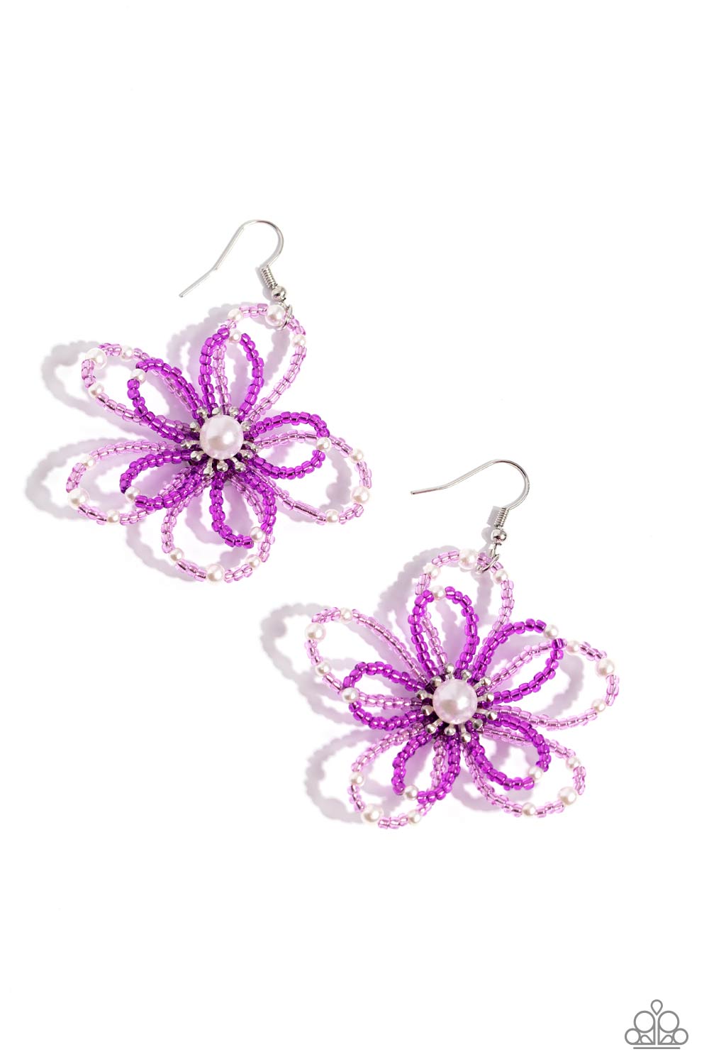 PEARL Crush Purple Seed Bead Flower Earring - Paparazzi Accessories  A glossy white pearl blooms from the center of a layered Rose Violet and plum glassy seed bead flower, infused with additional dainty white pearls, creating a colorful floral frame. Earring attaches to a standard fishhook fitting.  Sold as one pair of earrings.  SKU: P5ST-PRXX-027XX