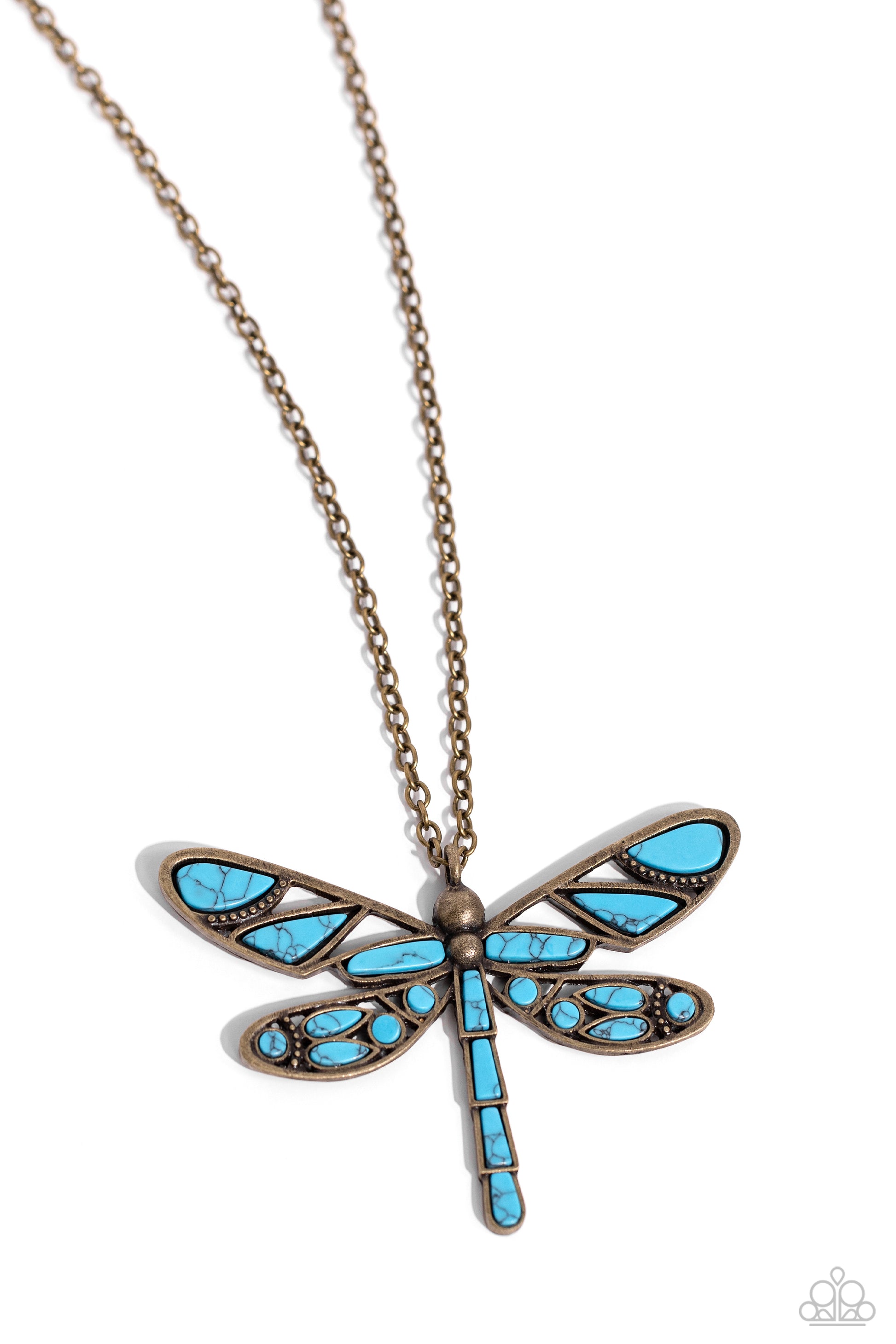 FLYING Low Brass Dragonfly Necklace - Paparazzi Accessories  Featuring a classic brass chain, various cuts of turquoise stone are passed into an oversized, airy brass dragonfly pendant for a rustically earthy centerpiece. Features an adjustable clasp closure. As the stone elements in this piece are natural, some color variation is normal.  Sold as one individual necklace. Includes one pair of matching earrings.  P2SE-BRXX-154XX