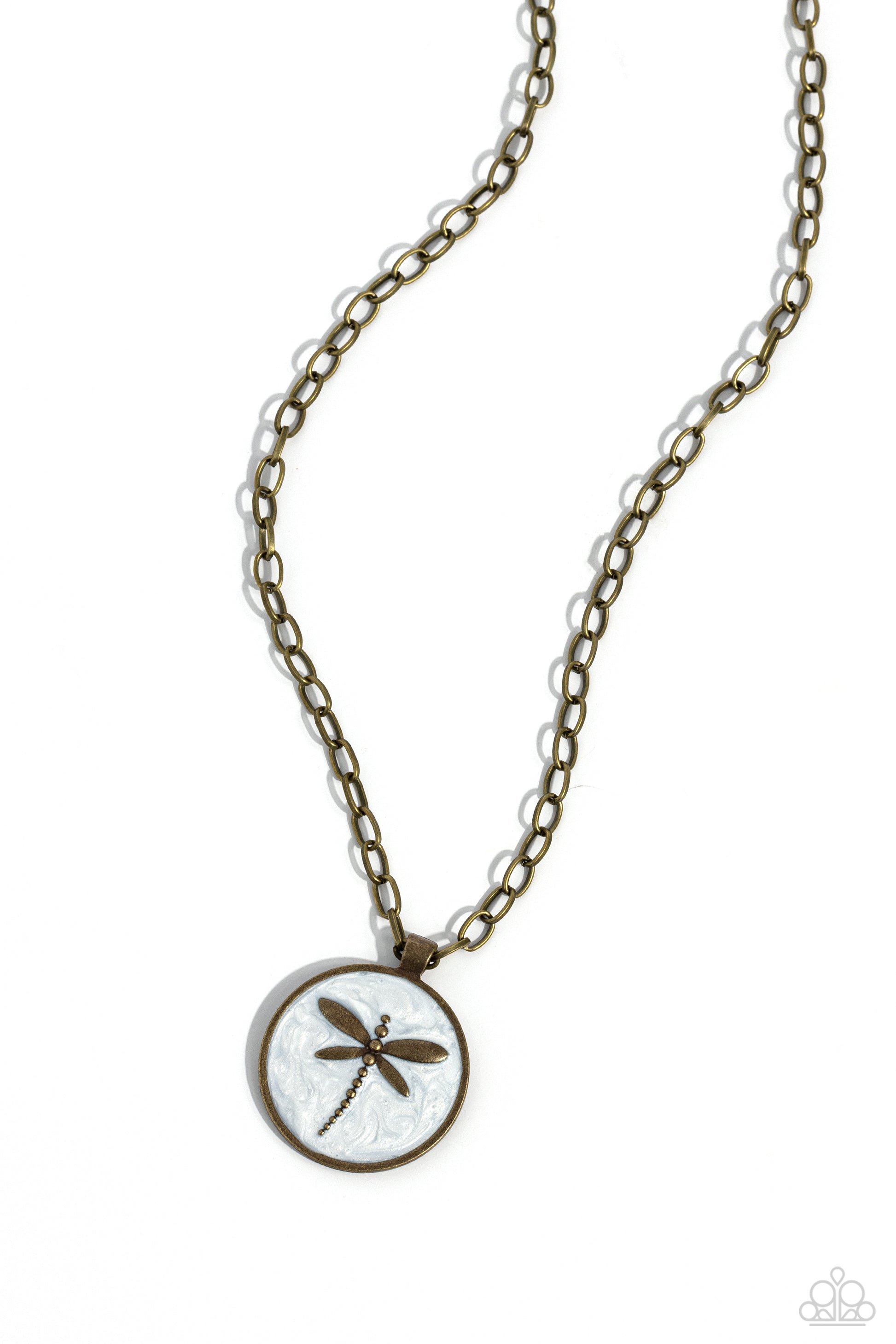 Decorative Dragonfly Brass Necklace - Paparazzi Accessories  Featuring a white pearl paint backdrop, a brass dragonfly dances at the center of a brass pendant adding an elegantly rugged aesthetic to a brass link chain. Features an adjustable clasp closure.  Sold as one individual necklace. Includes one pair of matching earrings.  P2WH-BRXX-182XX