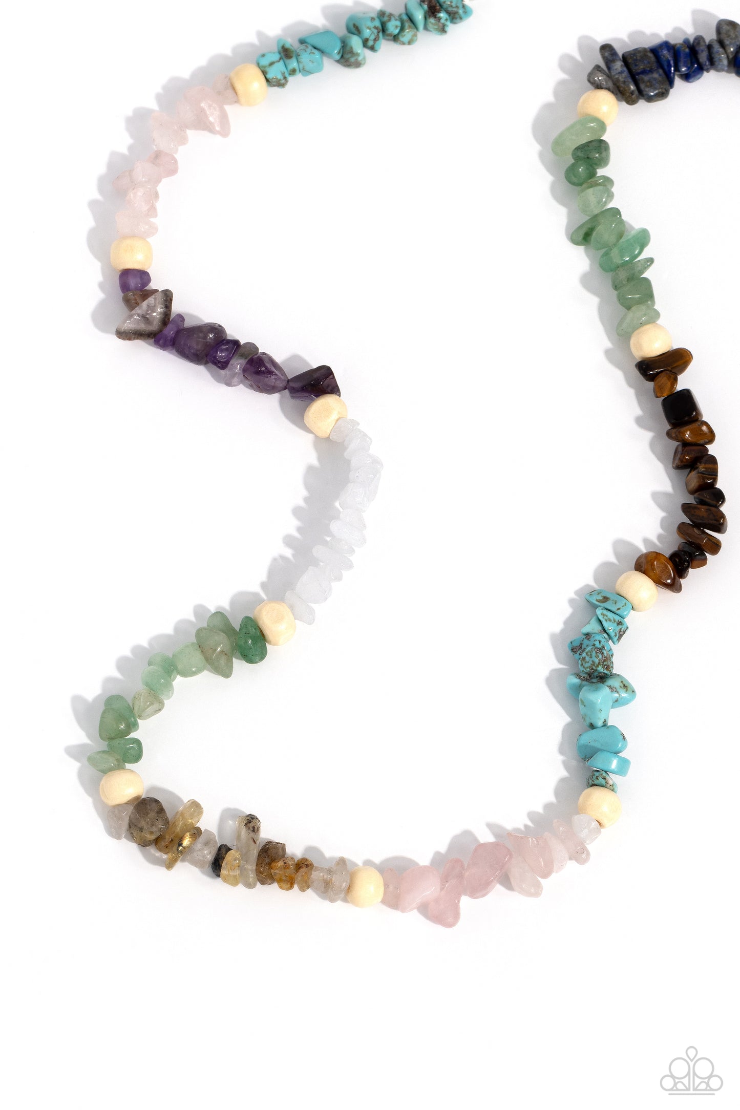 Soothing Stones Multi Necklace - Paparazzi Accessories  Infused on an invisible wire, chiseled turquoise, jade, rose quartz, lapis, amethyst, clear white, gray, and tiger's eye stones coalesce around the collar for a colorfully, earthy statement. White wood beads sporadically dot amongst the chiseled collection for an additional artisanal touch. Features an adjustable clasp closure. As the stone elements in this piece are natural, some color variation is normal.