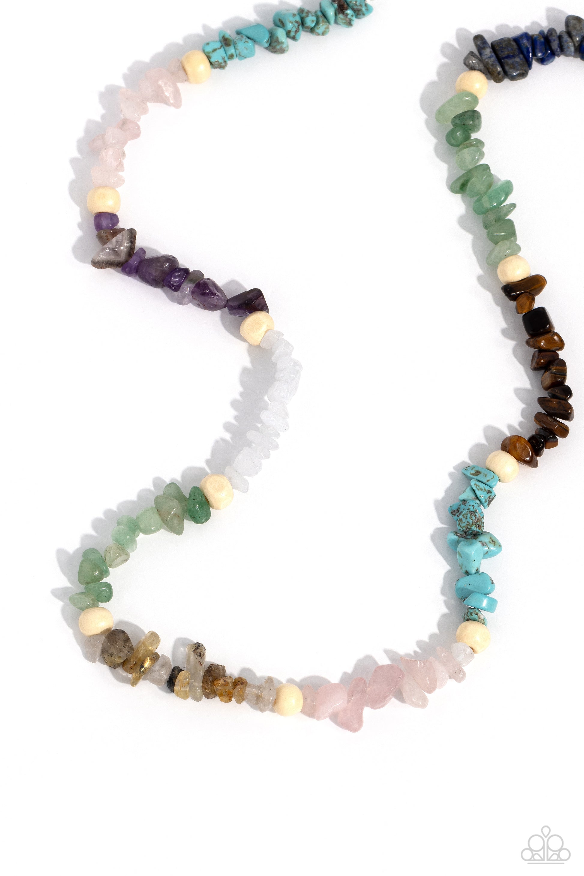 Soothing Stones Multi Necklace - Paparazzi Accessories  Infused on an invisible wire, chiseled turquoise, jade, rose quartz, lapis, amethyst, clear white, gray, and tiger's eye stones coalesce around the collar for a colorfully, earthy statement. White wood beads sporadically dot amongst the chiseled collection for an additional artisanal touch. Features an adjustable clasp closure. As the stone elements in this piece are natural, some color variation is normal.