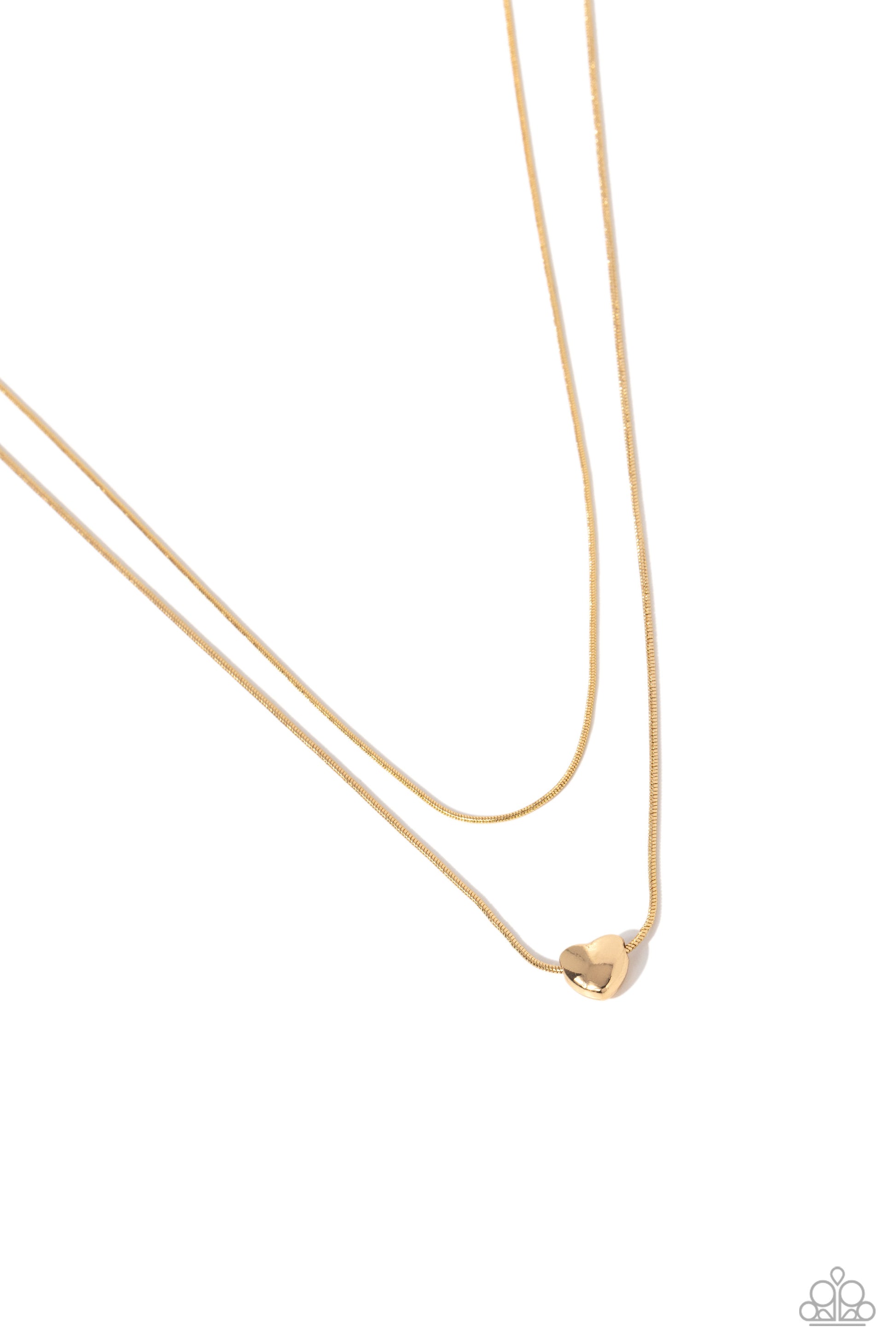 Sweetheart Series Gold Heart Necklace - Paparazzi Accessories  Infused with a dainty gold snake chain, a sleek gold heart charm glides along an additional gold snake chain, creating a stunning layered look. Features an adjustable clasp closure.  Sold as one individual necklace. Includes one pair of matching earrings.  P2DA-GDXX-325XX