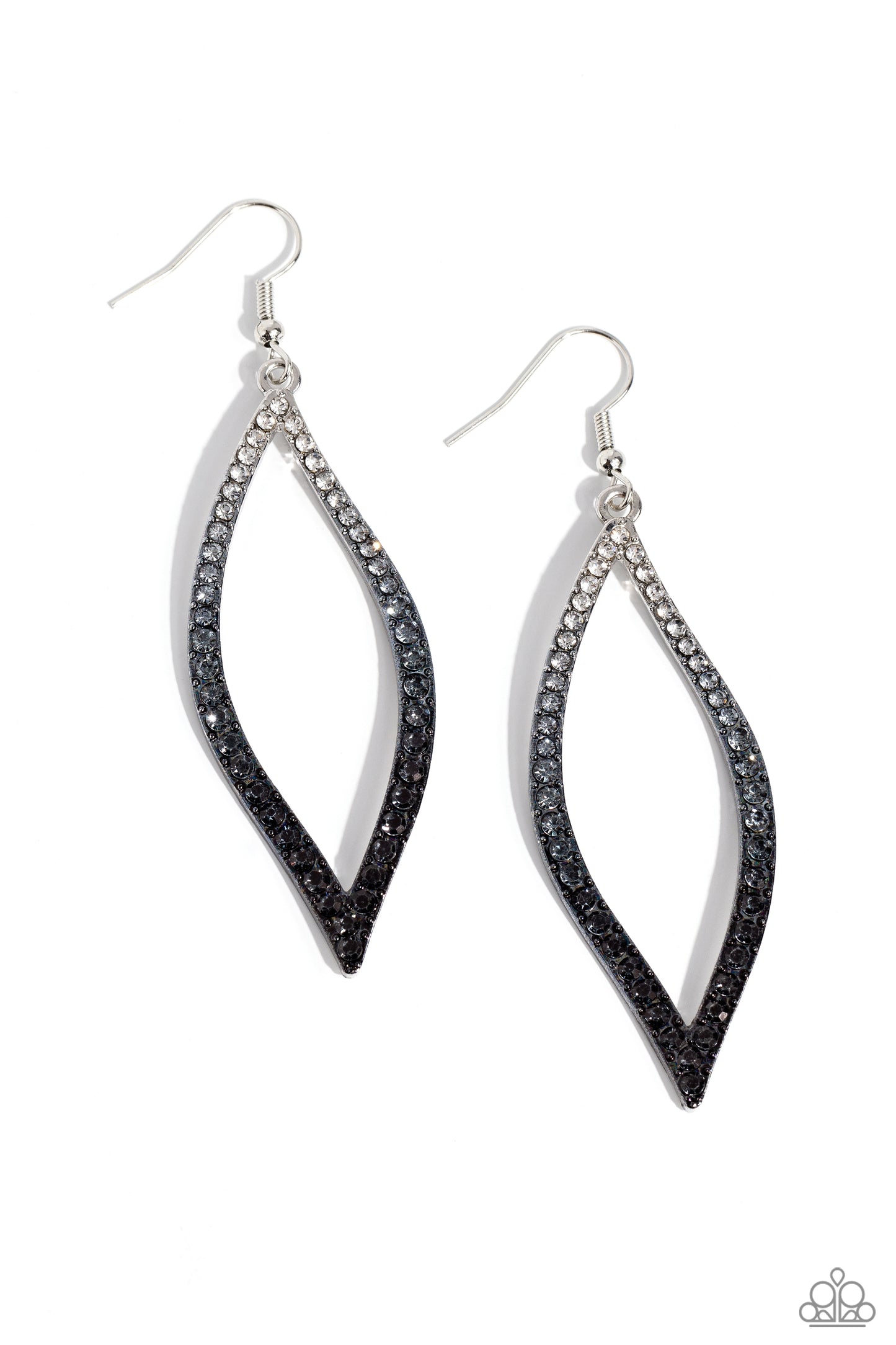 Admirable Asymmetry Black Ombre Earring - Paparazzi Accessories  A glistening asymmetrical silver teardrop frame is encrusted in glassy white rhinestones that gradually fade from gray to black, creating a colorful ombre effect for a statement-making look. Earring attaches to a standard fishhook fitting.  Sold as one pair of earrings.  P5SE-BKXX-342XX