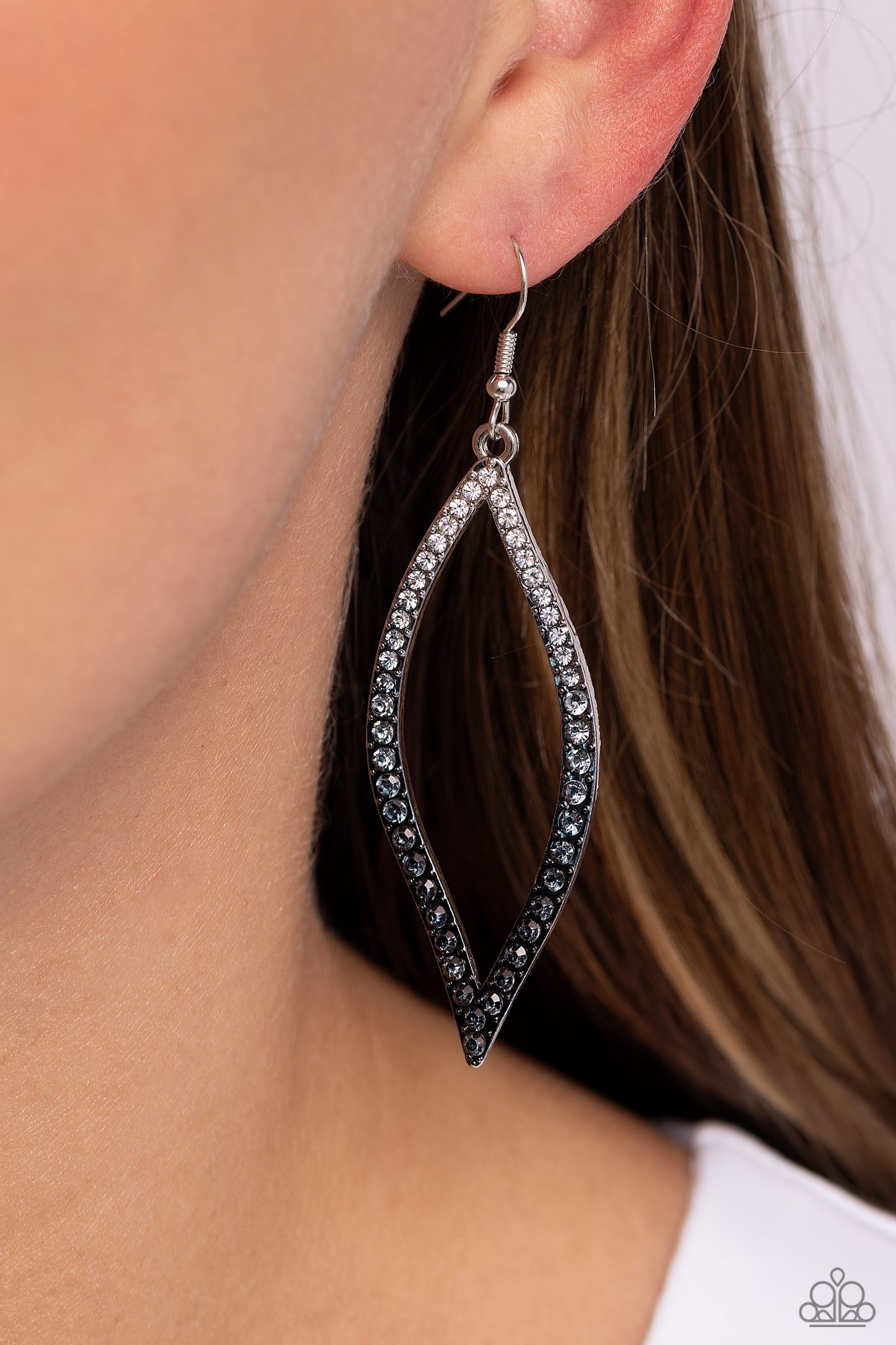 Admirable Asymmetry Black Ombre Earring - Paparazzi Accessories  A glistening asymmetrical silver teardrop frame is encrusted in glassy white rhinestones that gradually fade from gray to black, creating a colorful ombre effect for a statement-making look. Earring attaches to a standard fishhook fitting.  Sold as one pair of earrings.  P5SE-BKXX-342XX