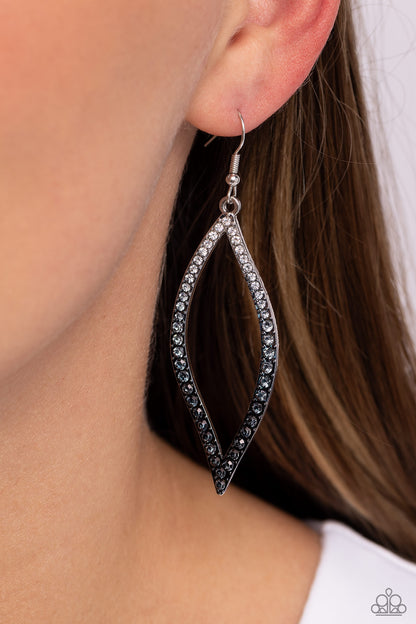 Admirable Asymmetry Black Ombre Earring - Paparazzi Accessories  A glistening asymmetrical silver teardrop frame is encrusted in glassy white rhinestones that gradually fade from gray to black, creating a colorful ombre effect for a statement-making look. Earring attaches to a standard fishhook fitting.  Sold as one pair of earrings.  P5SE-BKXX-342XX