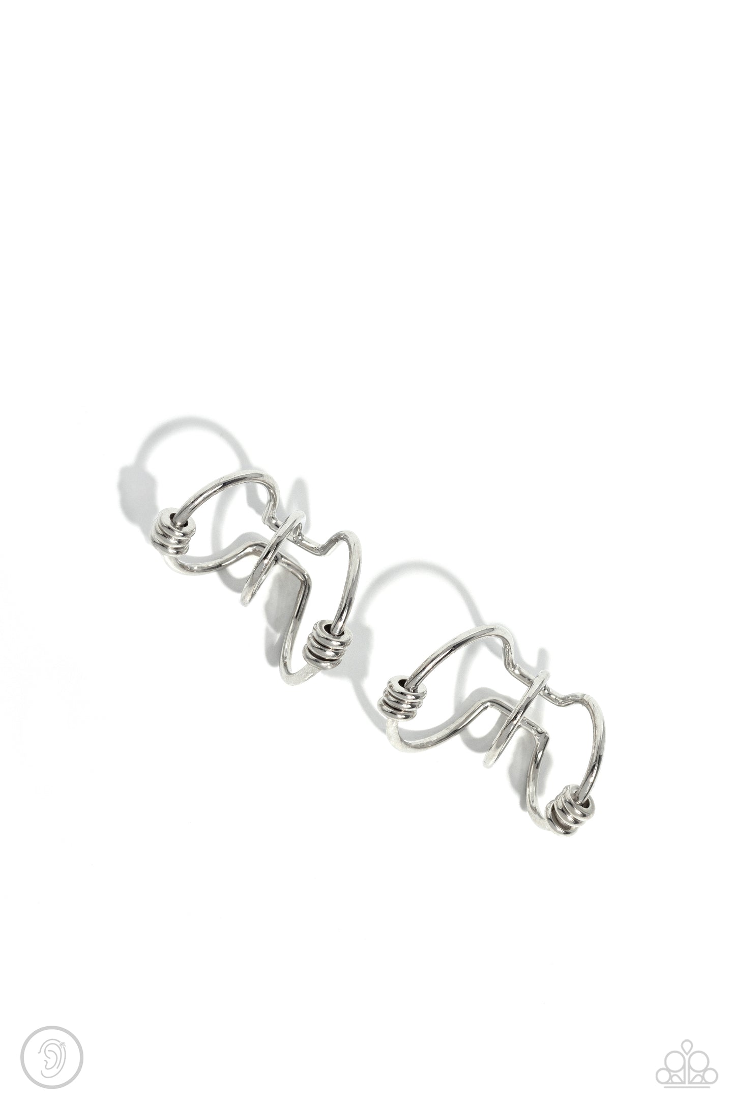 Mobile Maven Silver Cuff Earring - Paparazzi Accessories  A collection of dainty silver discs haphazardly dot across a trio of airy, dainty silver bars that curve around the ear to create an adjustable, one-size-fits-all cuff.  Sold as one pair of cuff earrings.  P5PO-CFSV-250XX