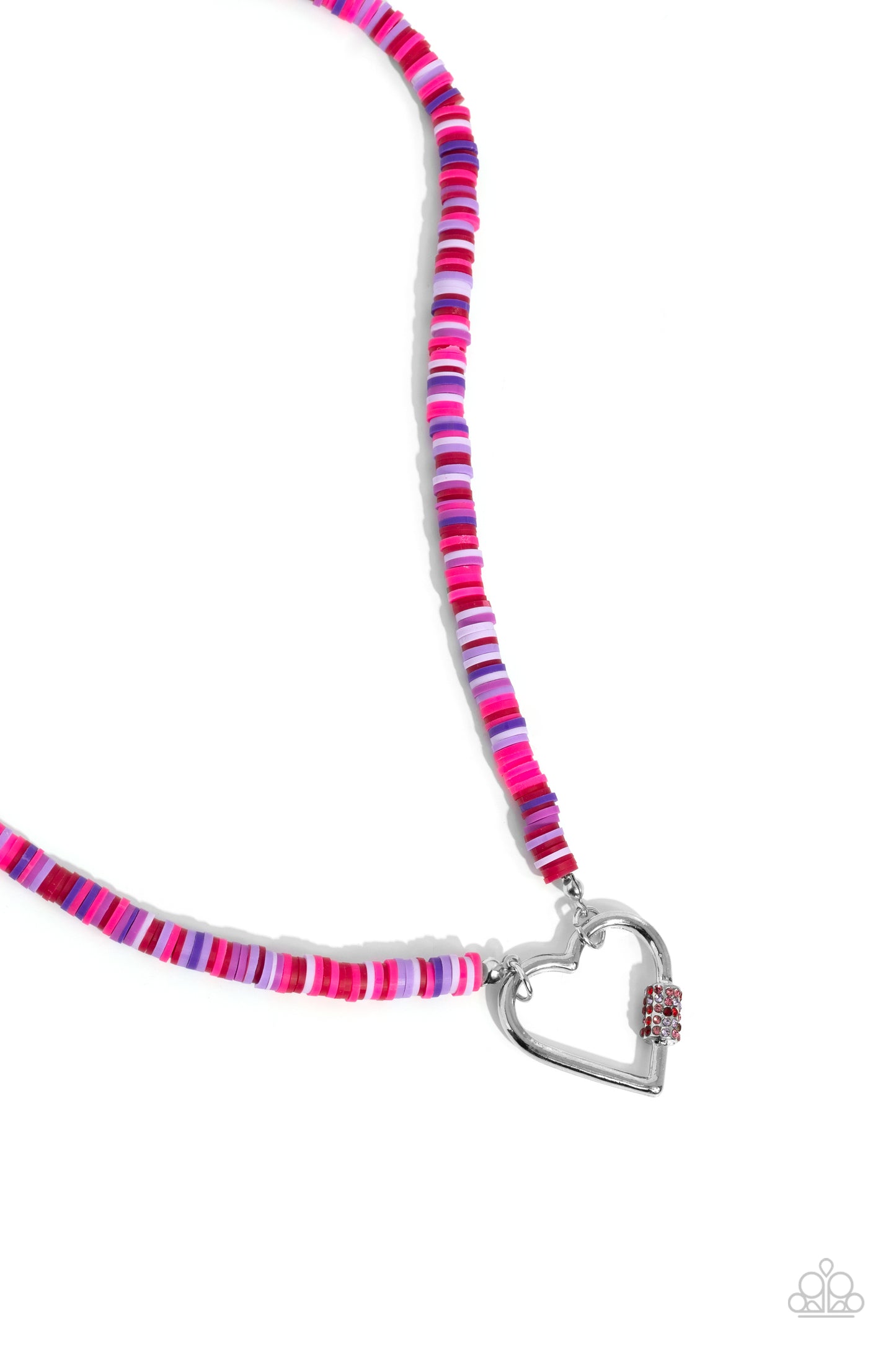 Clearly Carabiner Red Heart Necklace - Paparazzi Accessories  Infused along an invisible string, a collection of various pink, red, and purple clay discs coalesce around the collar for a vivacious display. Featuring a purple, pink, and red rhinestone-encrusted carabiner accent, a silver heart frame connects to the bottom of the multicolored strand for a romantic finish. Features an adjustable clasp closure.  Sold as one individual necklace. Includes one pair of matching earrings.  SKU: P2WH-RDXX-340XX